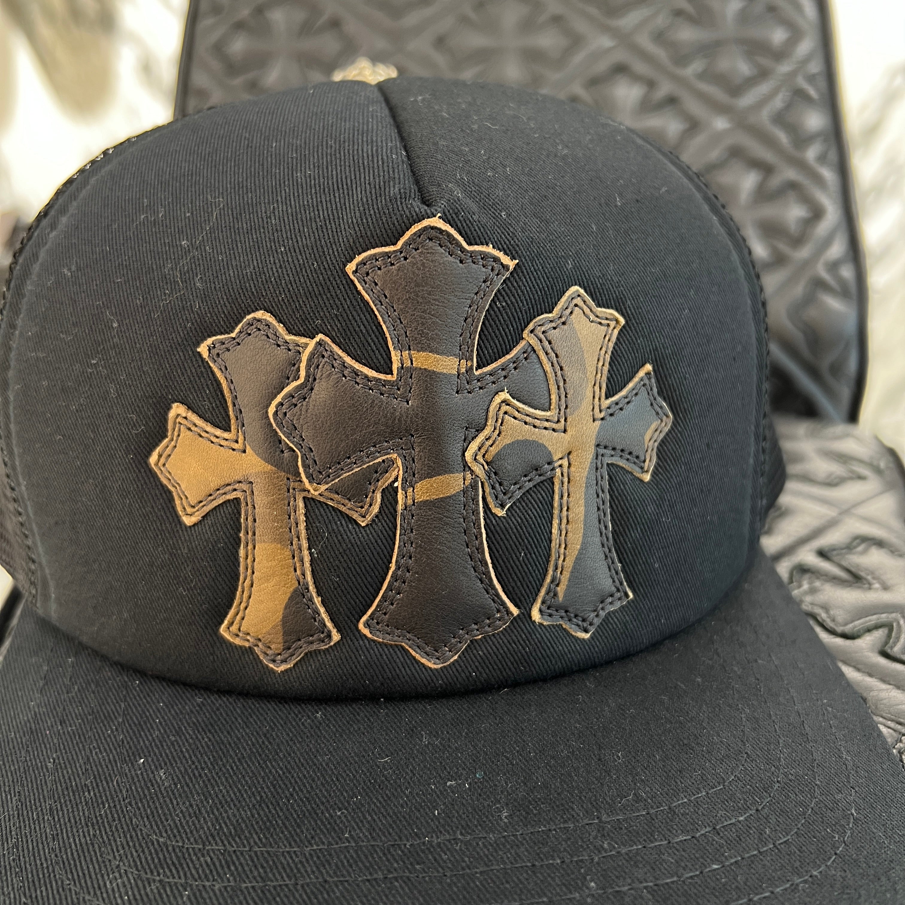 CHROME HEARTS Camo Triple Cross Leather Patch Trucker Cap