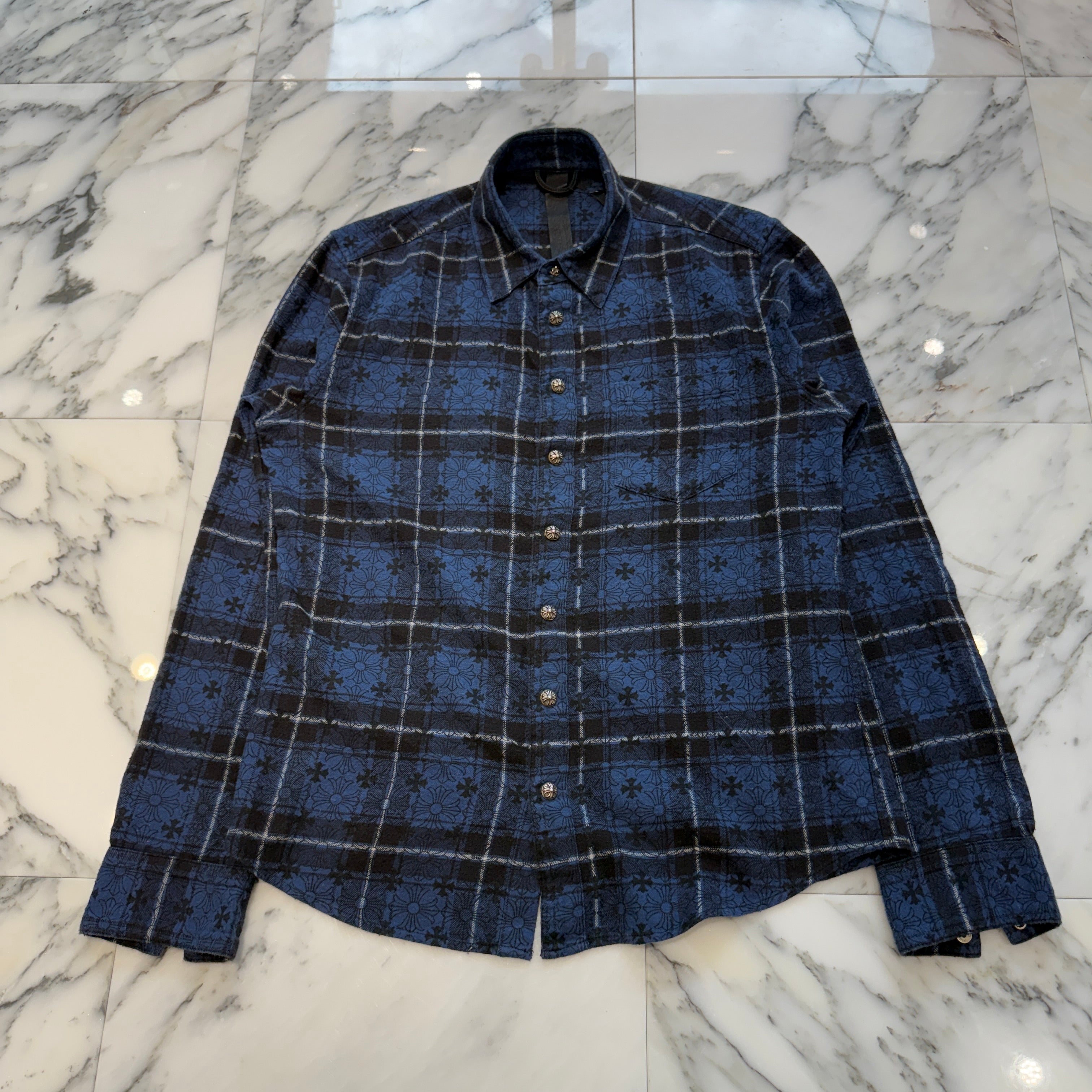 CHROME HEARTS Loose Ends Cross Leather Patch Check Shirt Size M クロムハーツ ルーズエンド クロスレザーパッチ チェック シャツ サイズM