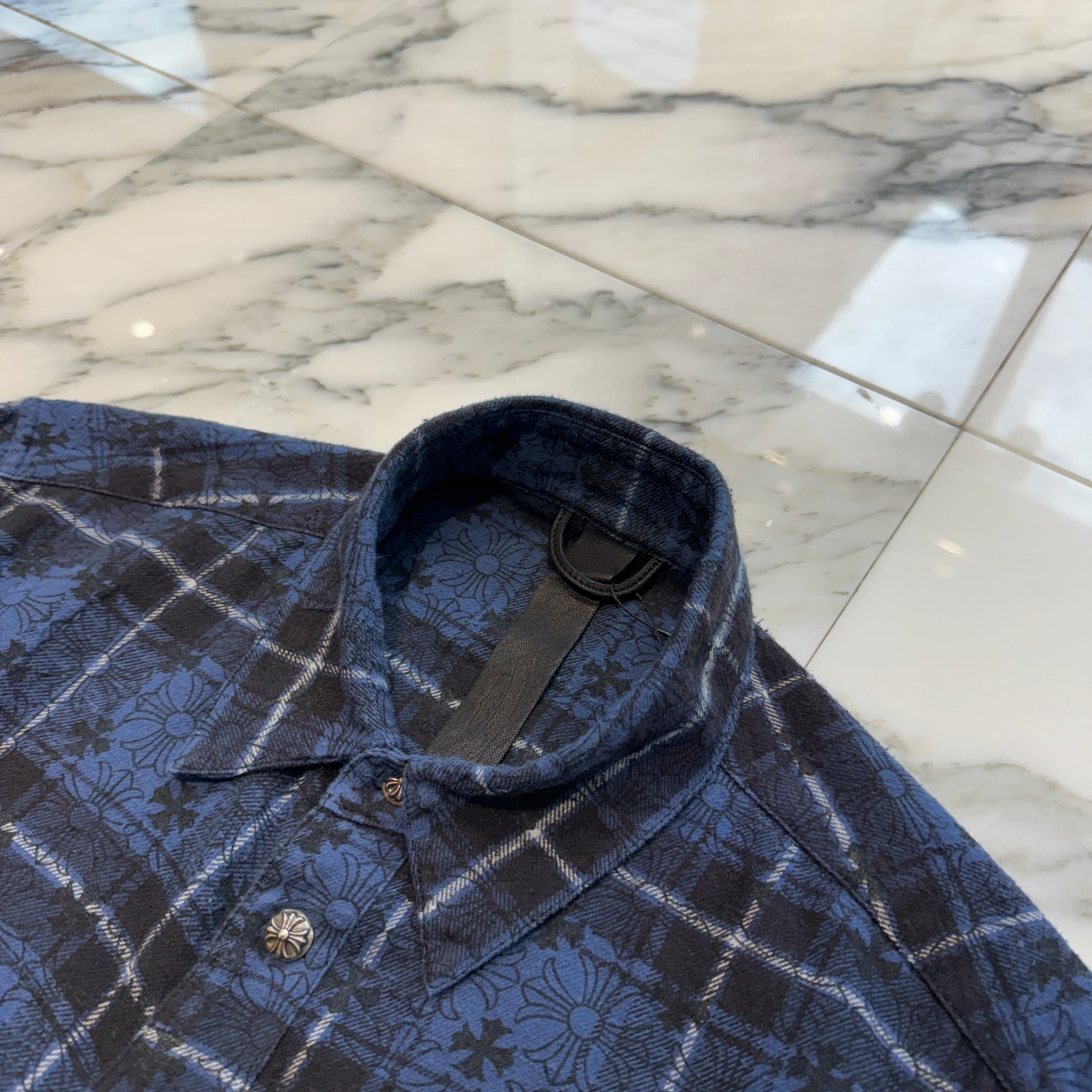 CHROME HEARTS Loose Ends Cross Leather Patch Check Shirt Size M クロムハーツ ルーズエンド クロスレザーパッチ チェック シャツ サイズM