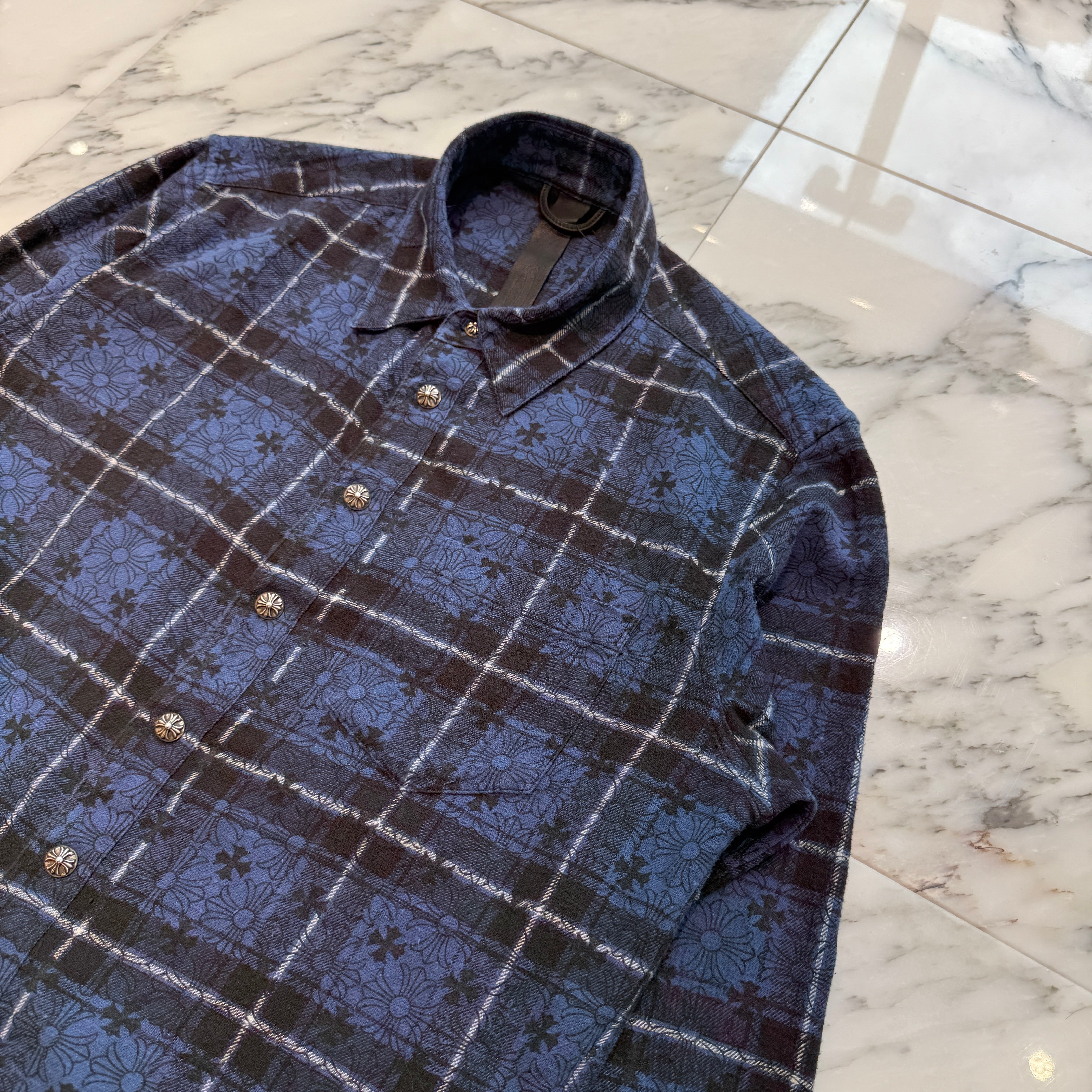 CHROME HEARTS Loose Ends Cross Leather Patch Check Shirt Size M クロムハーツ ルーズエンド クロスレザーパッチ チェック シャツ サイズM