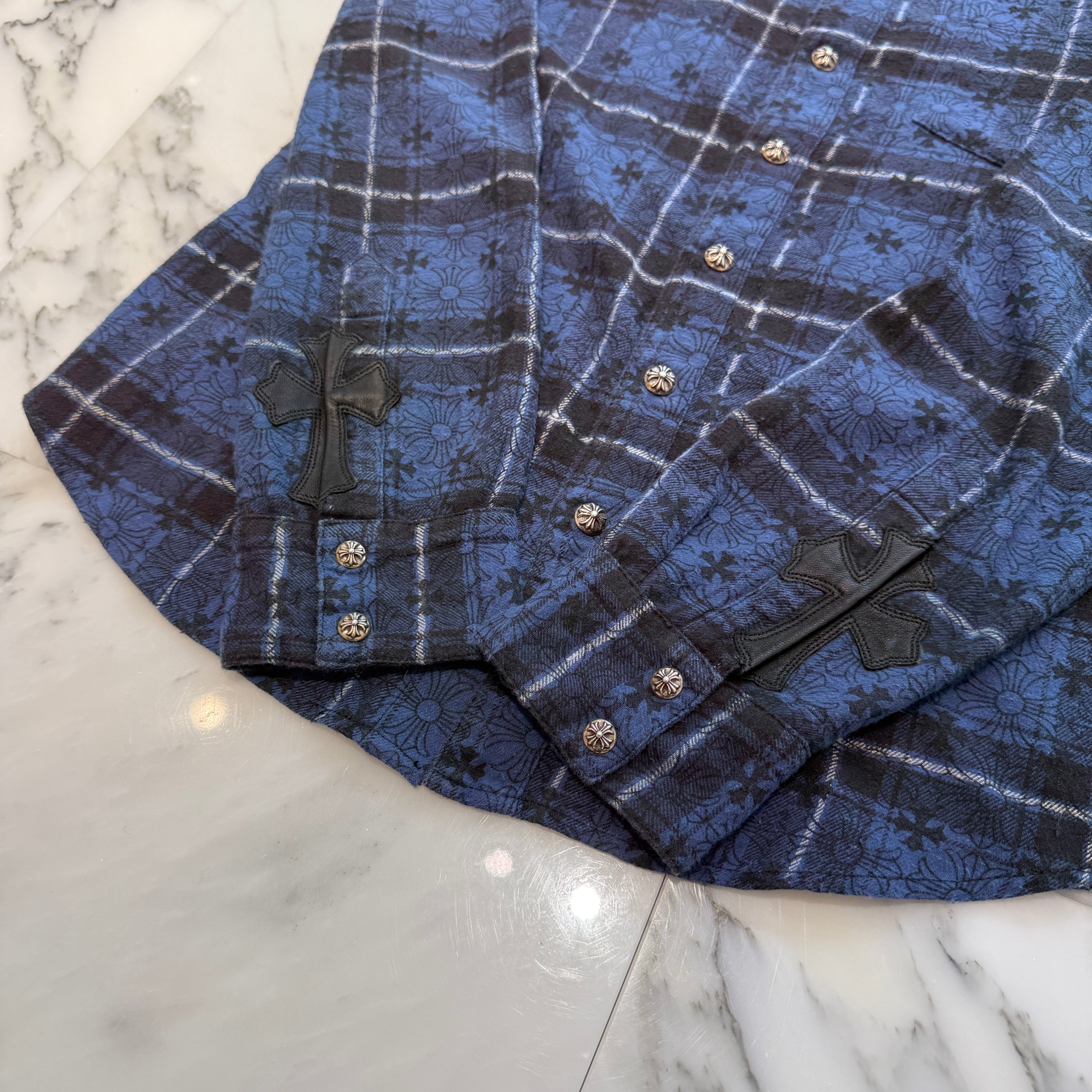 CHROME HEARTS Loose Ends Cross Leather Patch Check Shirt Size M クロムハーツ ルーズエンド クロスレザーパッチ チェック シャツ サイズM