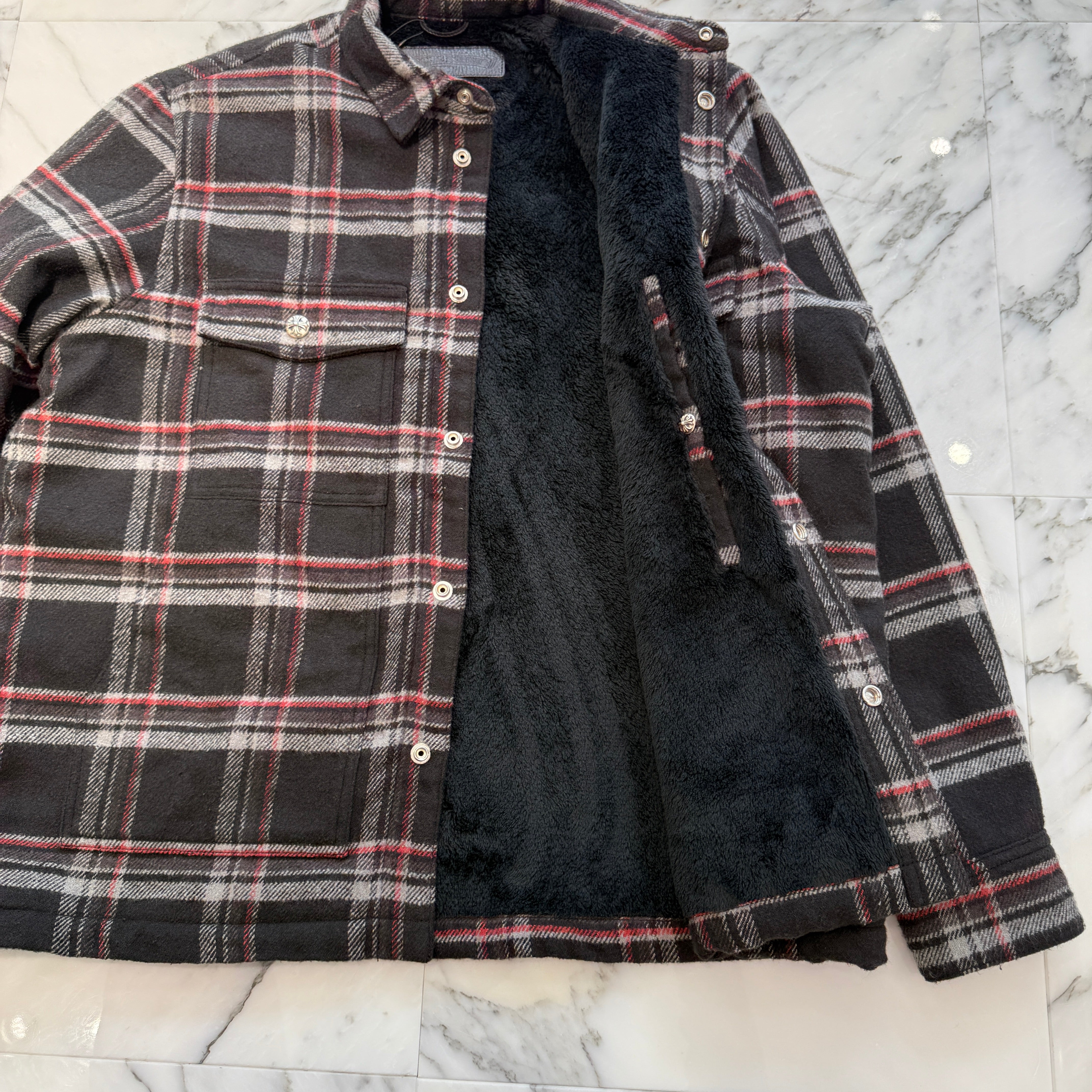 CHROME HEARTS Y NOT Fleece Boa Check Shirt Jacket Size S クロムハーツ ワイノット フリース 裏地ボア チェックシャツ ジャケット サイズS