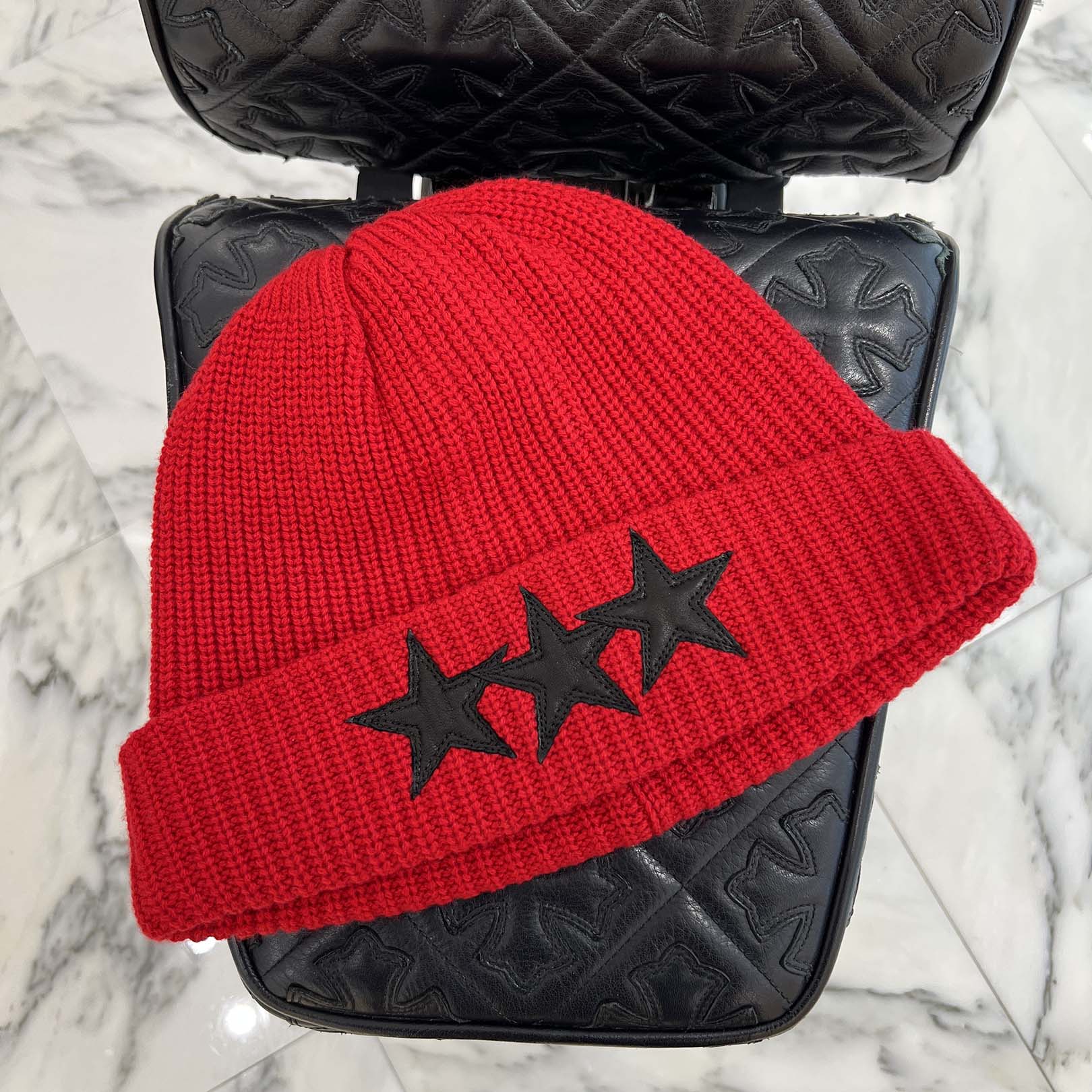 CHROME HEARTS 3 Star Leather Patch Cashmere Knit Beanie Size ONE SIZE (53-60) クロムハーツ 3スター レザーパッチ カシミア ニットビーニー サイズONE SIZE (53-60)