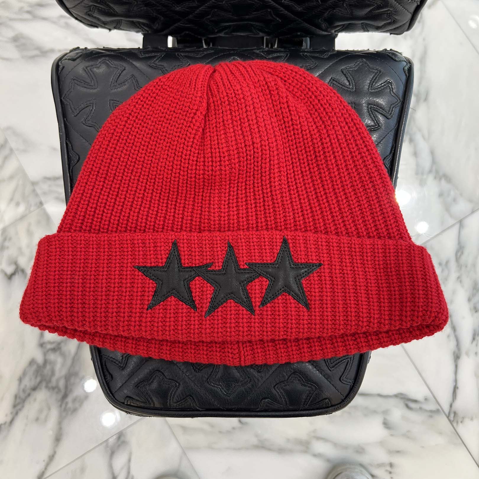 CHROME HEARTS 3 Star Leather Patch Cashmere Knit Beanie Size CHROME HEARTS 3 Star Leather Patch Cashmere Knit Beanie Size