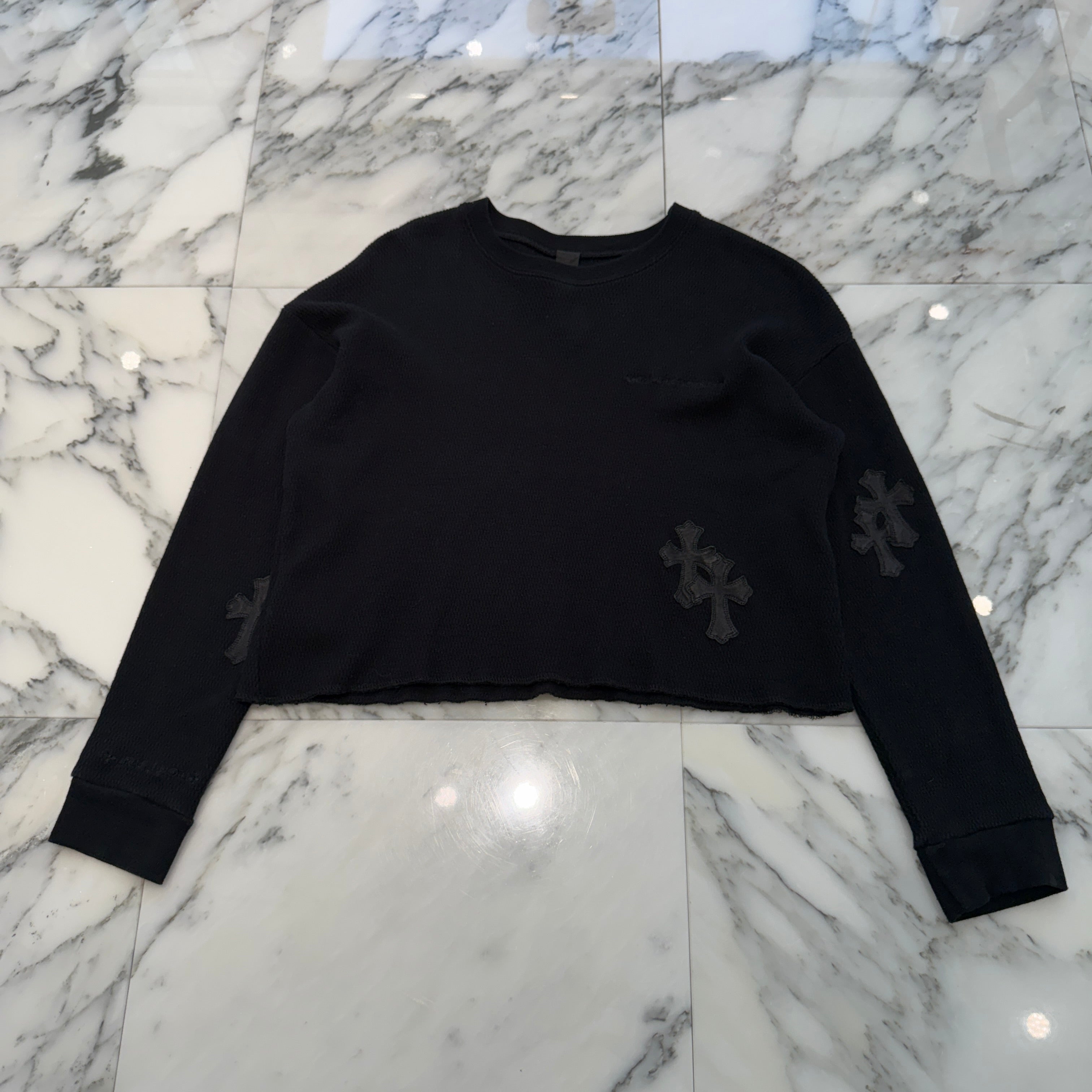 CHROME HEARTS Y NOT Leather Cross Patch Cropped Sweatshirt Size S