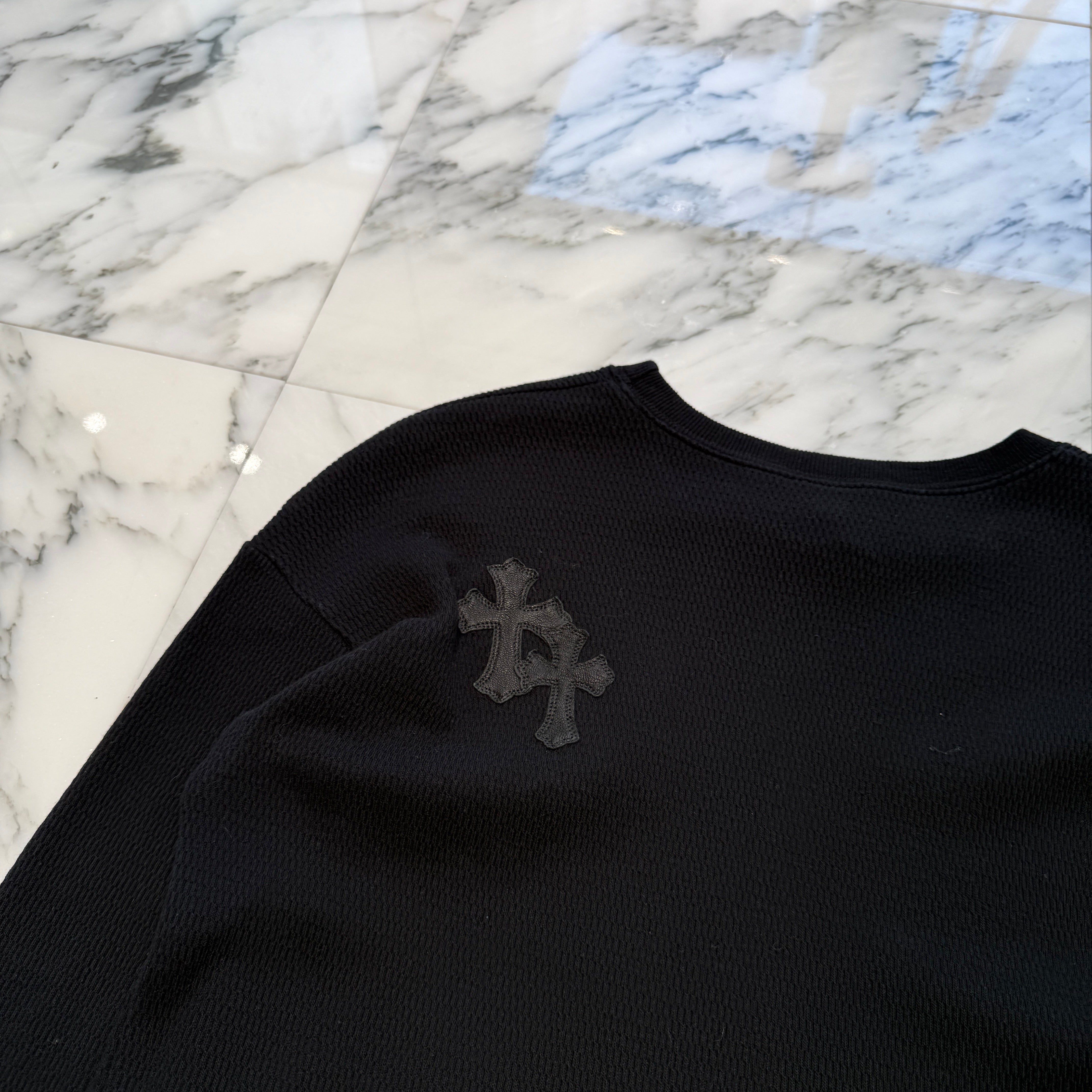 CHROME HEARTS Y NOT Leather Cross Patch Cropped Sweatshirt Size S