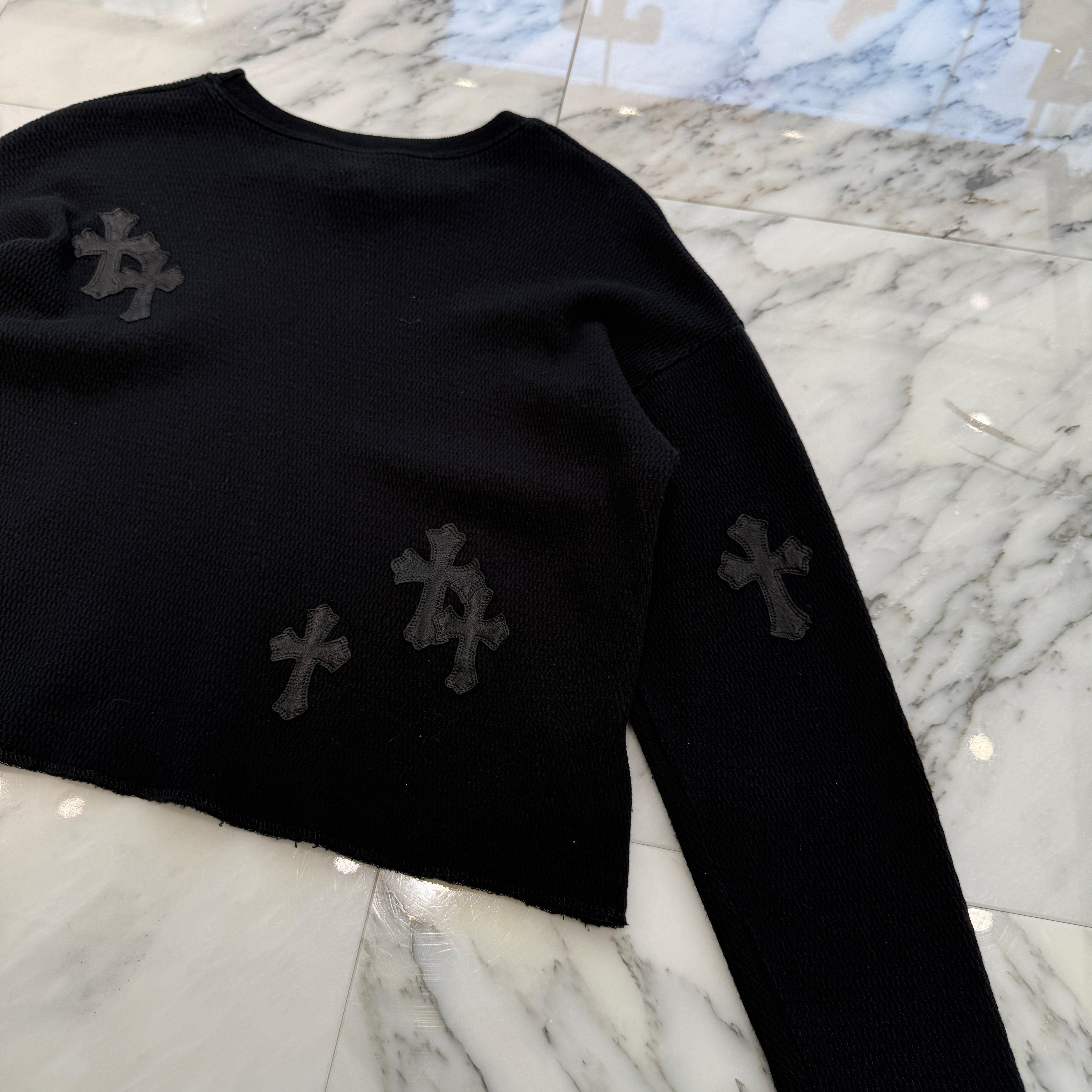 CHROME HEARTS Y NOT Leather Cross Patch Cropped Sweatshirt Size S