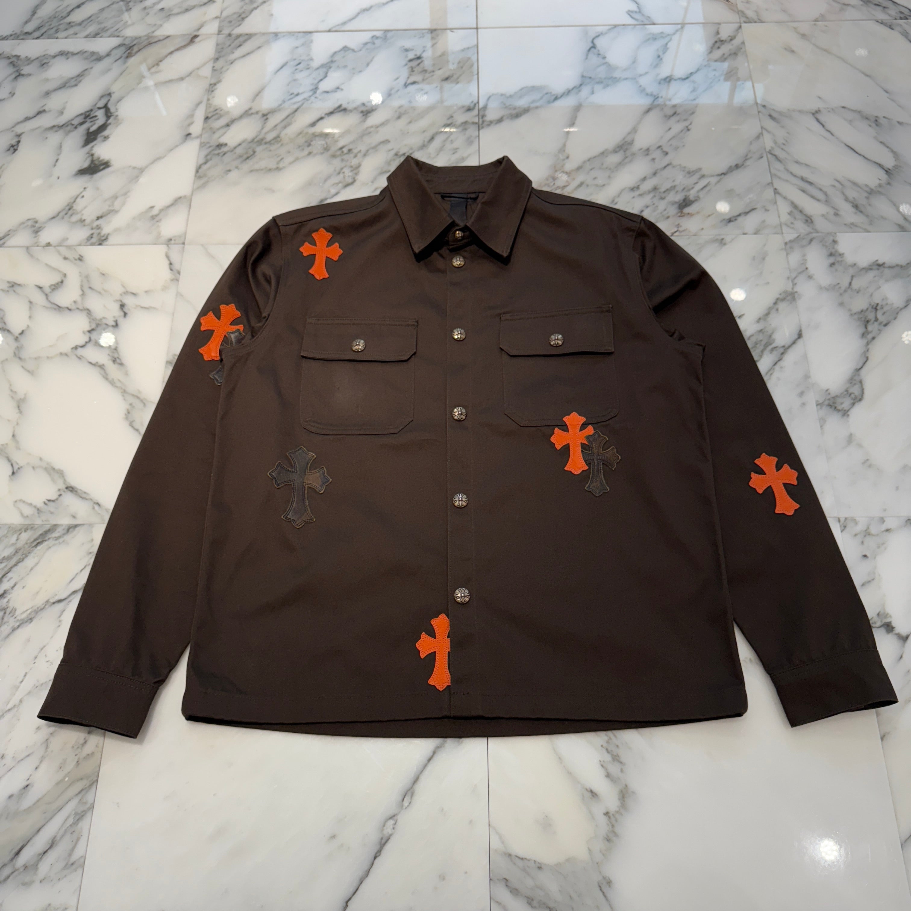 CHROME HEARTS Y NOT WORK DOG Camo Cross Patch × Leather Cross Patch Shirt Jacket Size L クロムハーツ ワイノット ワークドッグ カモクロスパッチ × レザークロスパッチ シャツジャケット サイズL