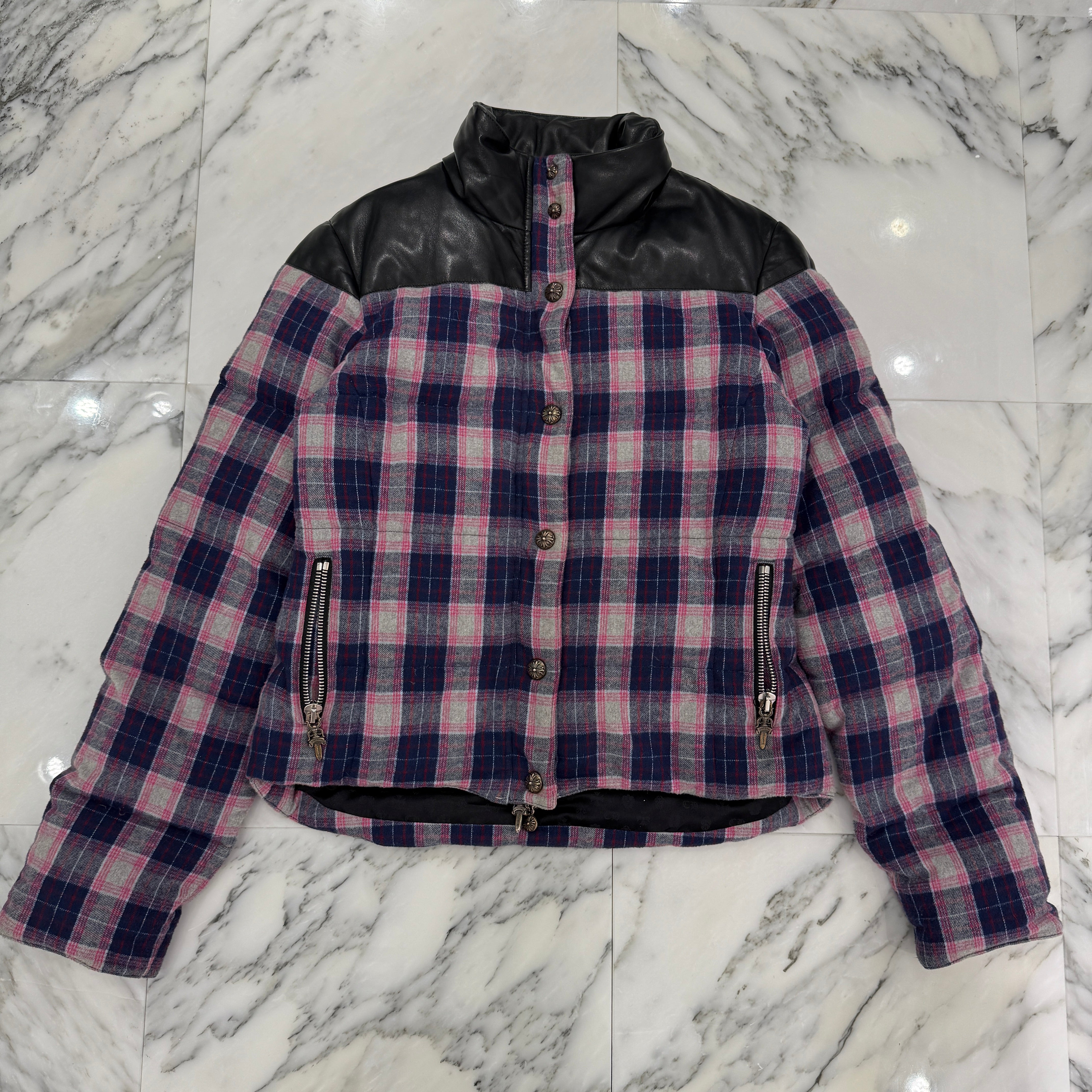 CHROME HEARTS Y NOT Leather Switching Check Down Jacket Size M クロムハーツ ワイノット レザー切替 チェック ダウンジャケット サイズM