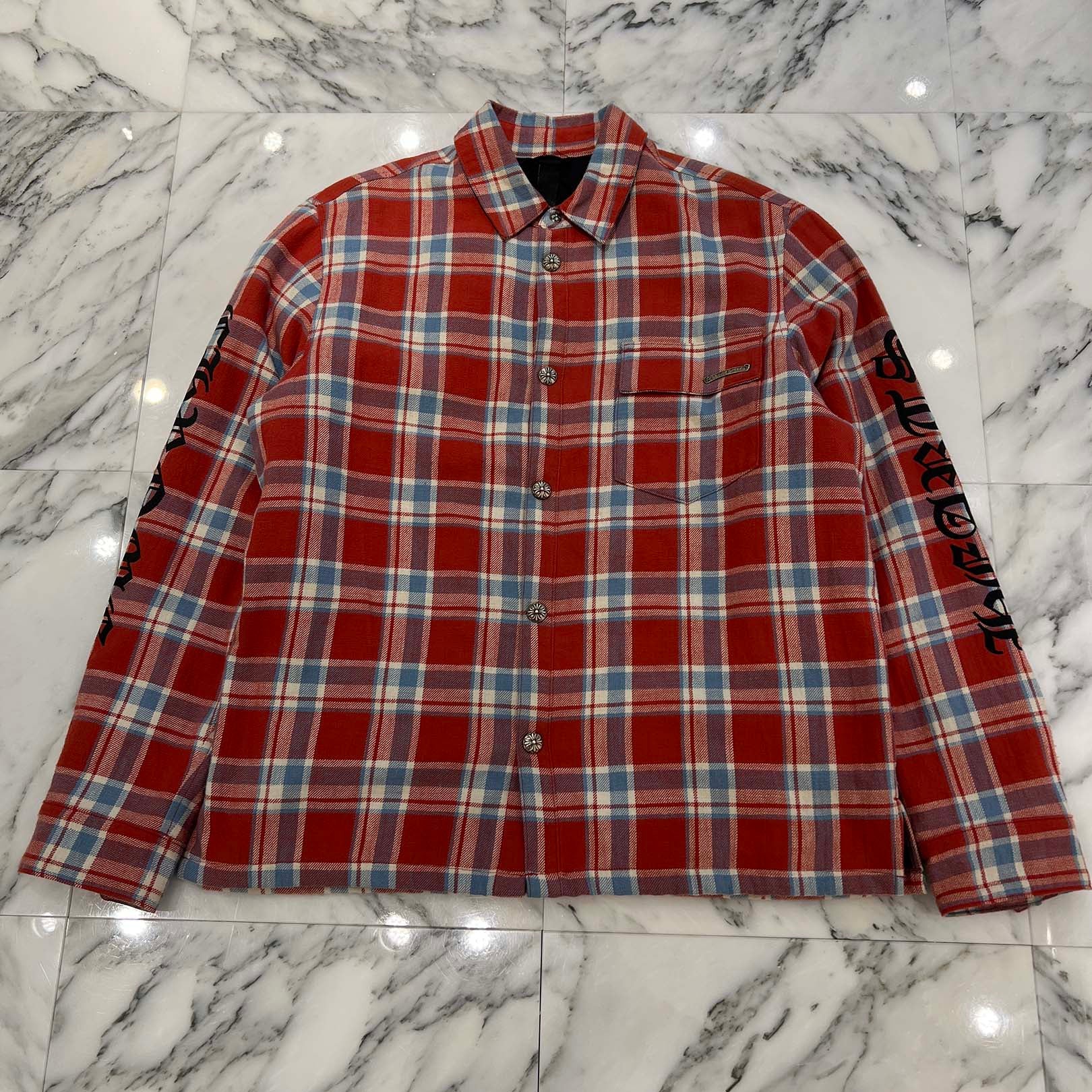 CHROME HEARTS Y NOT WORK DOG Cross Ball Button Check Shirt Jacket Size L クロムハーツ ワイノット ワークドッグ クロスボールボタン チェック シャツ ジャケット サイズL