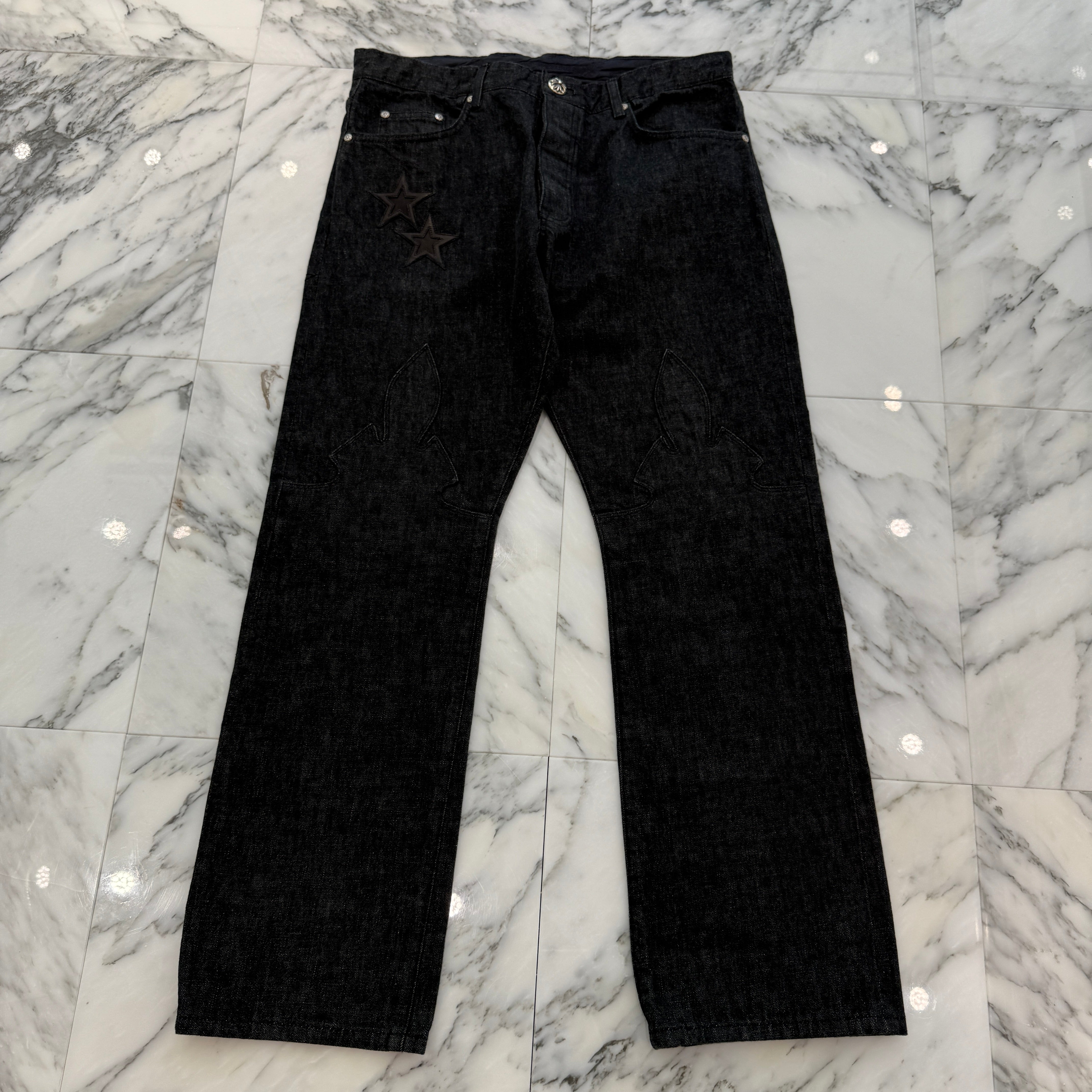 CHROME HEARTS Flare Knee Star Leather Patch Denim Pants Size 36 クロムハーツ フレアニー スターレザーパッチ デニムパンツ サイズ36