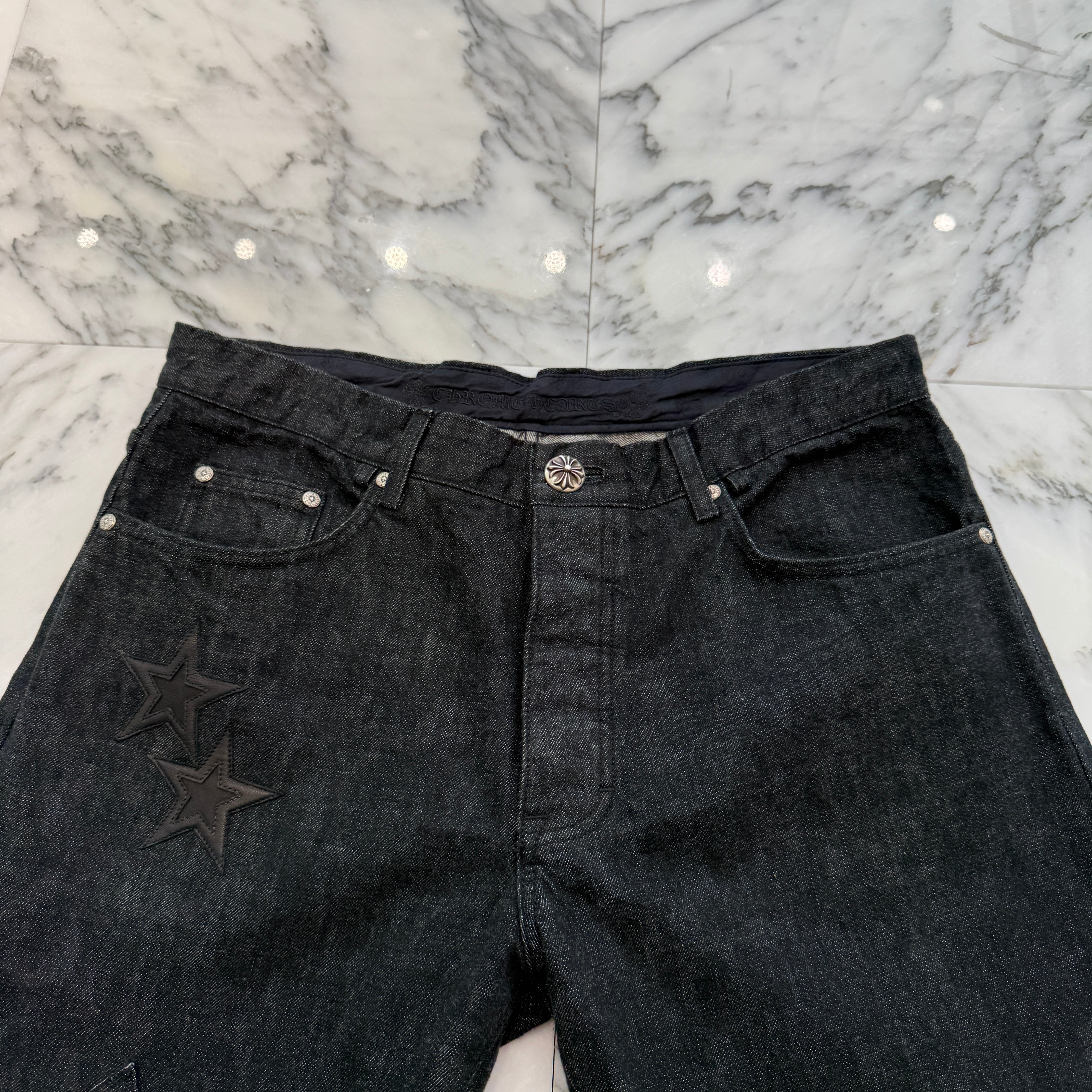 CHROME HEARTS Flare Knee Star Leather Patch Denim Pants Size 36 クロムハーツ フレアニー スターレザーパッチ デニムパンツ サイズ36
