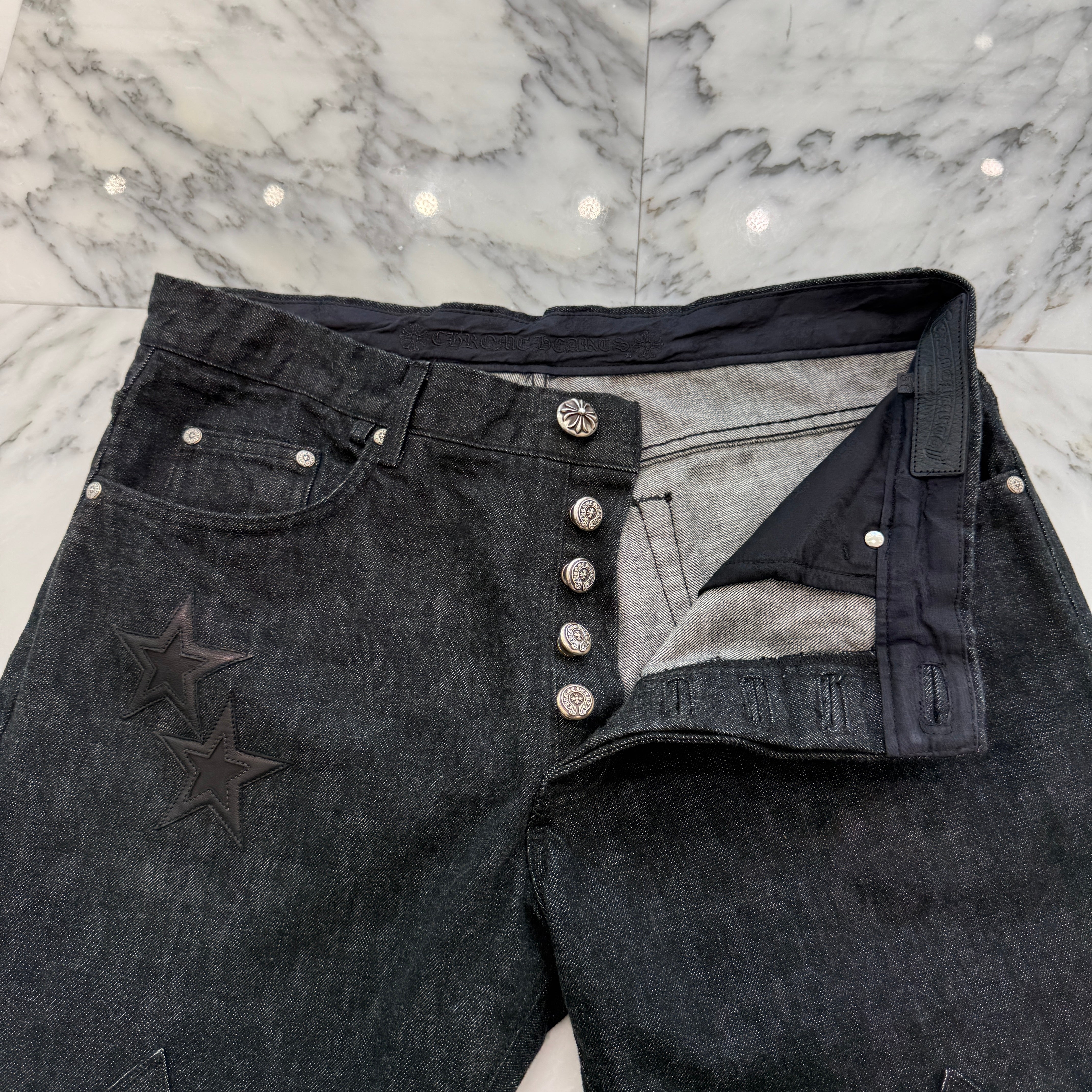 CHROME HEARTS Flare Knee Star Leather Patch Denim Pants Size 36 クロムハーツ フレアニー スターレザーパッチ デニムパンツ サイズ36