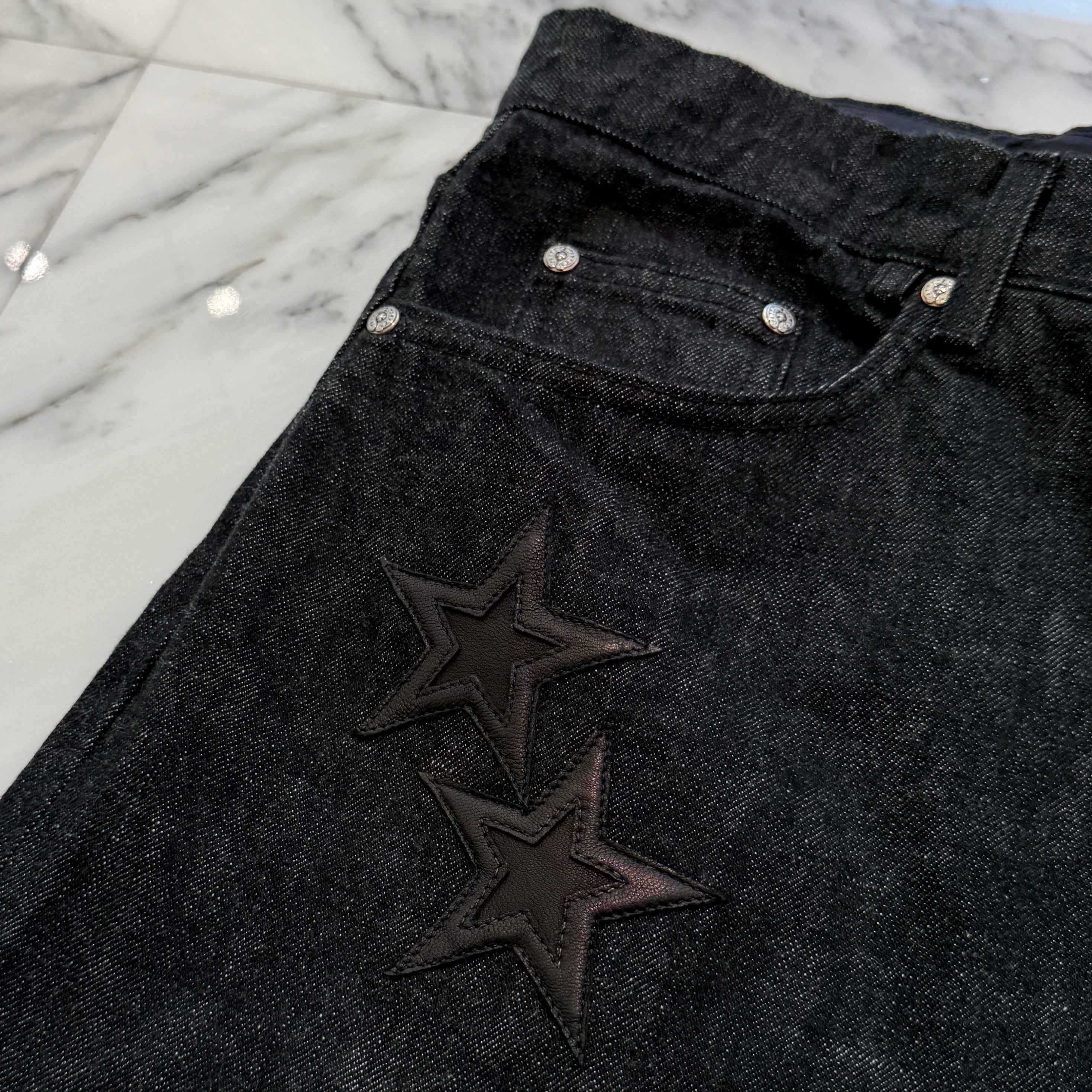 CHROME HEARTS Flare Knee Star Leather Patch Denim Pants Size 36 クロムハーツ フレアニー スターレザーパッチ デニムパンツ サイズ36