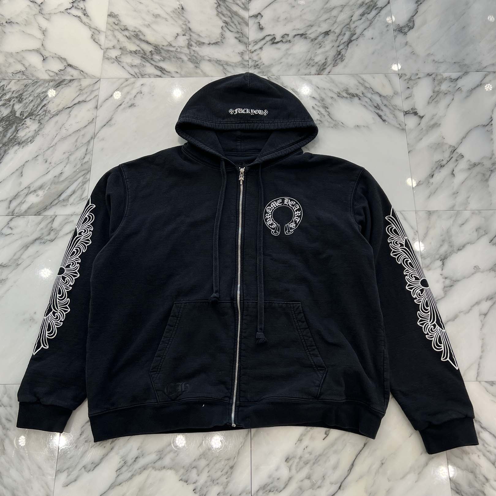 CHROME HEARTS Floral Cross Horseshoe Hooded FUCK YOU Zip Up Hoodie Size XL クロムハーツ フローラルクロス ホースシュー フーデッド ファックユー ジップアップフーディ サイズXL