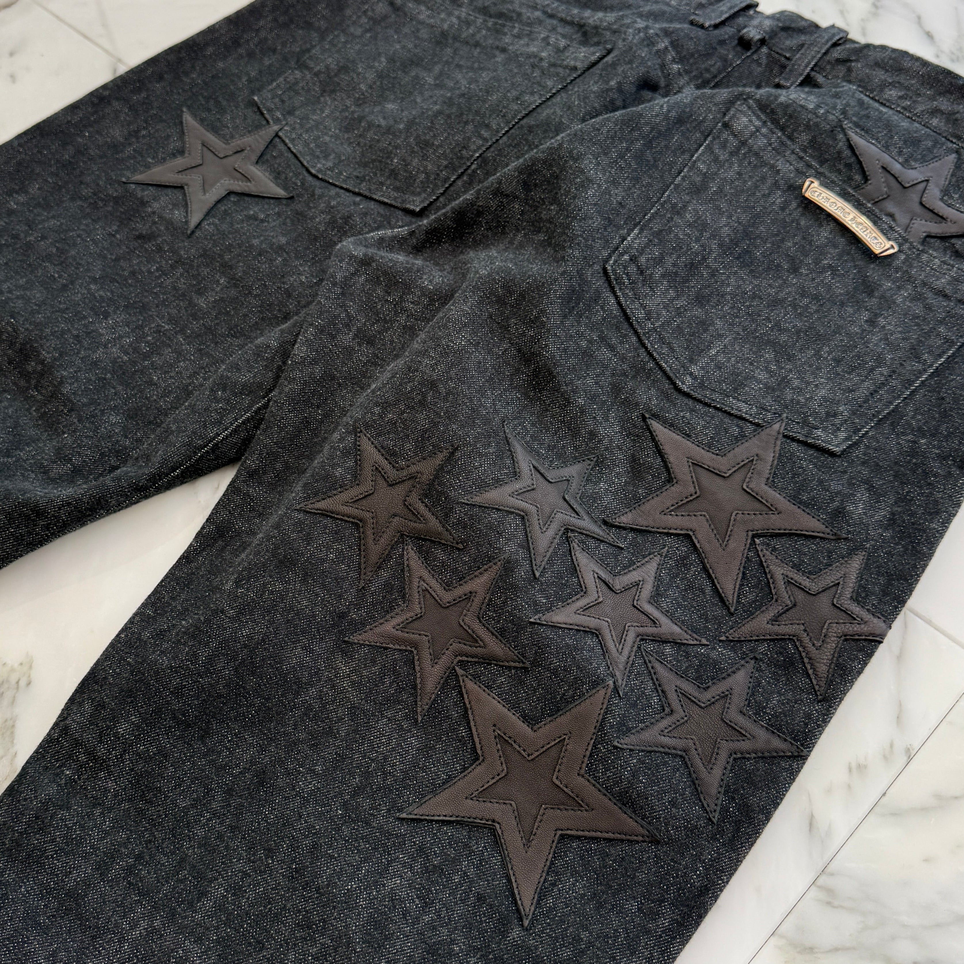 CHROME HEARTS Flare Knee Star Leather Patch Denim Pants Size 36 クロムハーツ フレアニー スターレザーパッチ デニムパンツ サイズ36