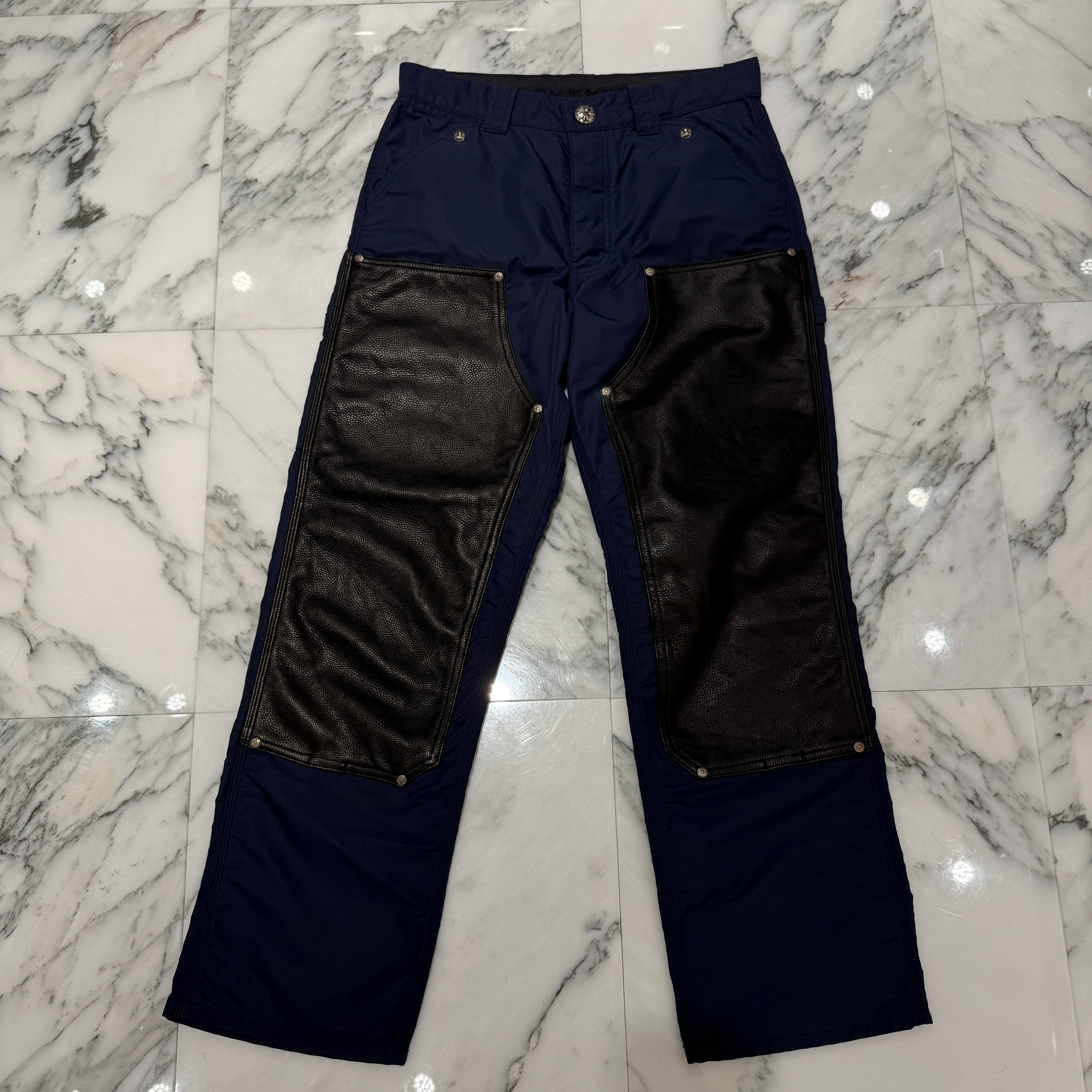 CHROME HEARTS Carpenter Leather Double Knee Nylon Leather Cross Patch Pants Size 30 クロムハーツ カーペンター レザーダブルニー ナイロン レザークロスパッチ ロングパンツ サイズ30