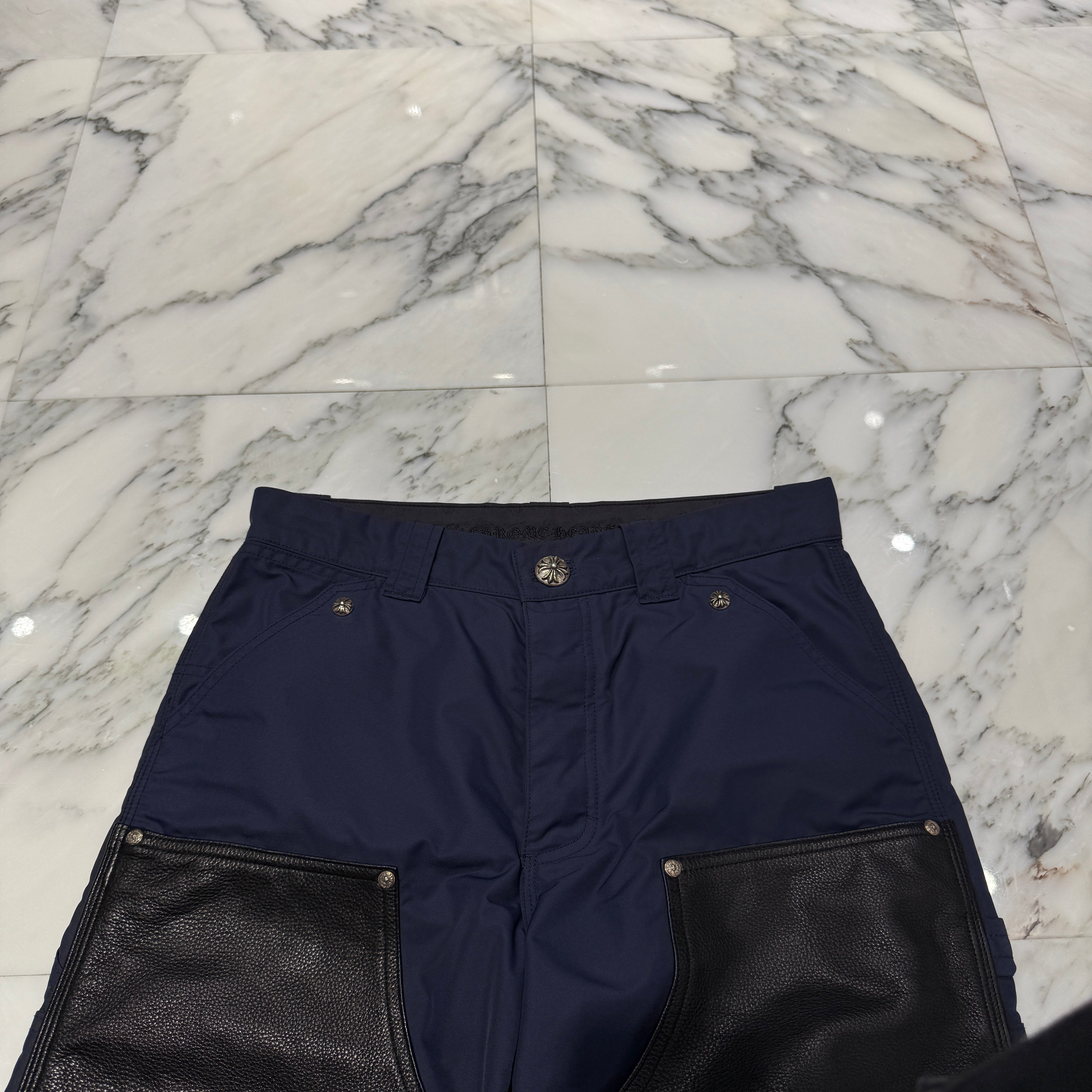 CHROME HEARTS Carpenter Leather Double Knee Nylon Leather Cross Patch Pants Size 30 クロムハーツ カーペンター レザーダブルニー ナイロン レザークロスパッチ ロングパンツ サイズ30