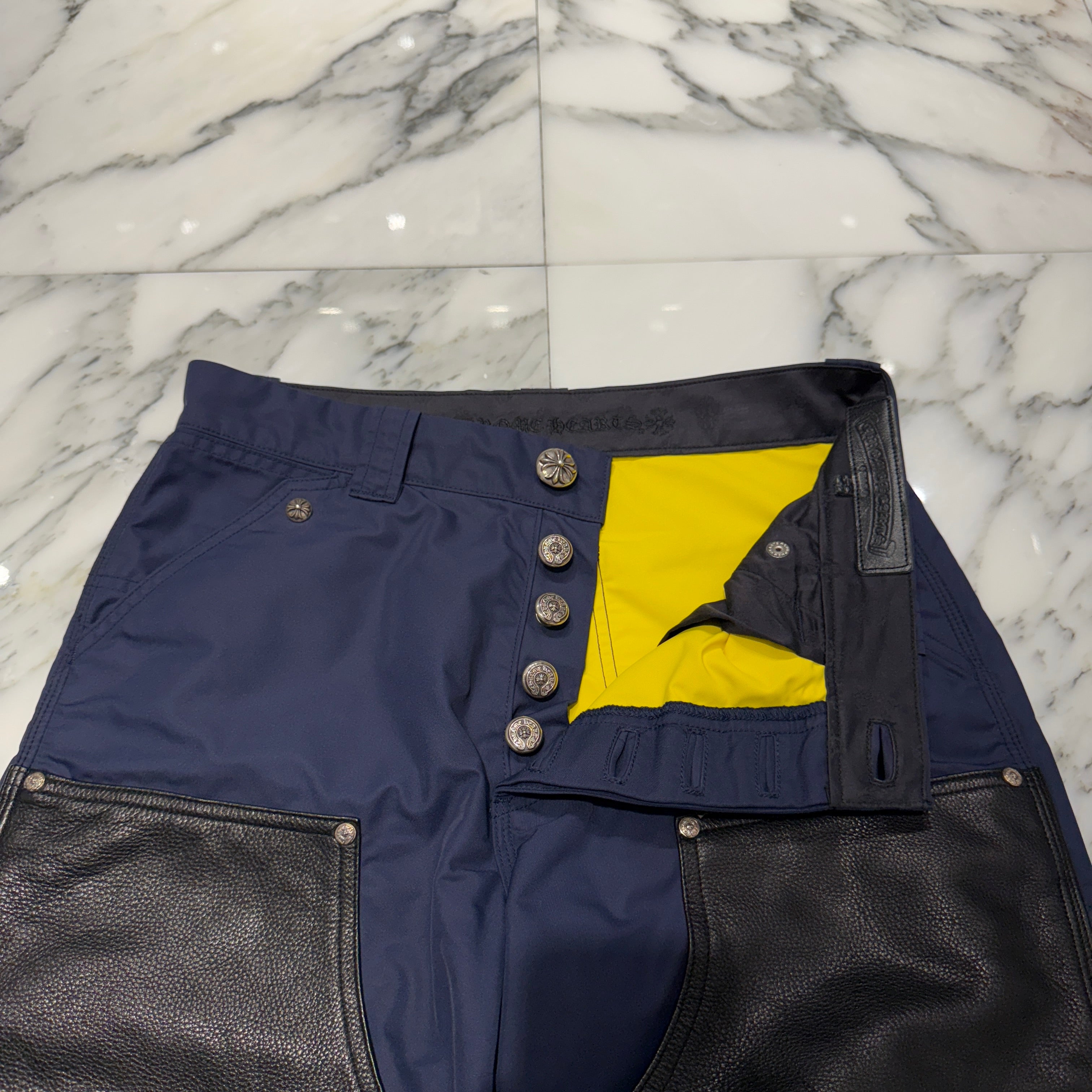 CHROME HEARTS Carpenter Leather Double Knee Nylon Leather Cross Patch Pants Size 30 クロムハーツ カーペンター レザーダブルニー ナイロン レザークロスパッチ ロングパンツ サイズ30