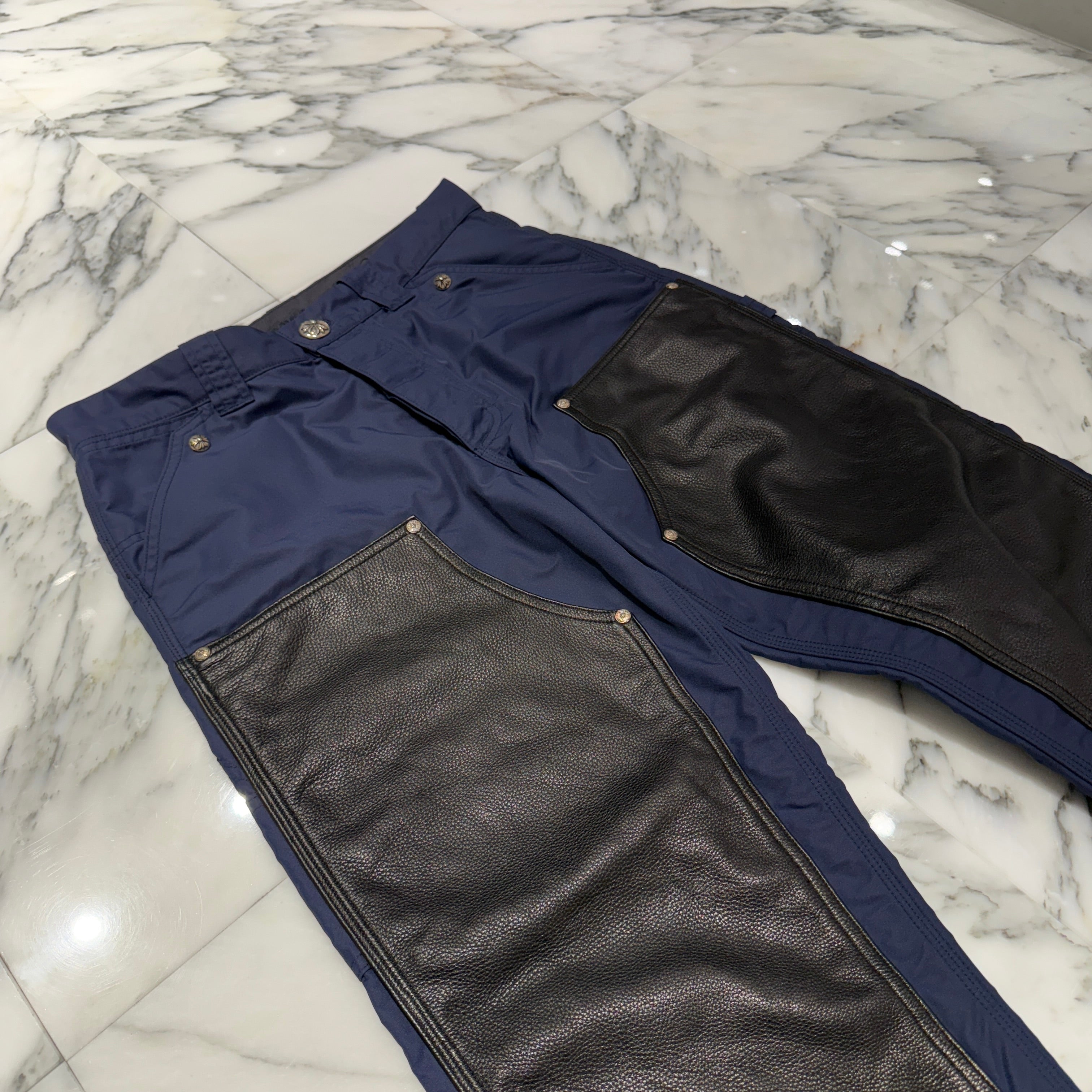 CHROME HEARTS Carpenter Leather Double Knee Nylon Leather Cross Patch Pants Size 30 クロムハーツ カーペンター レザーダブルニー ナイロン レザークロスパッチ ロングパンツ サイズ30