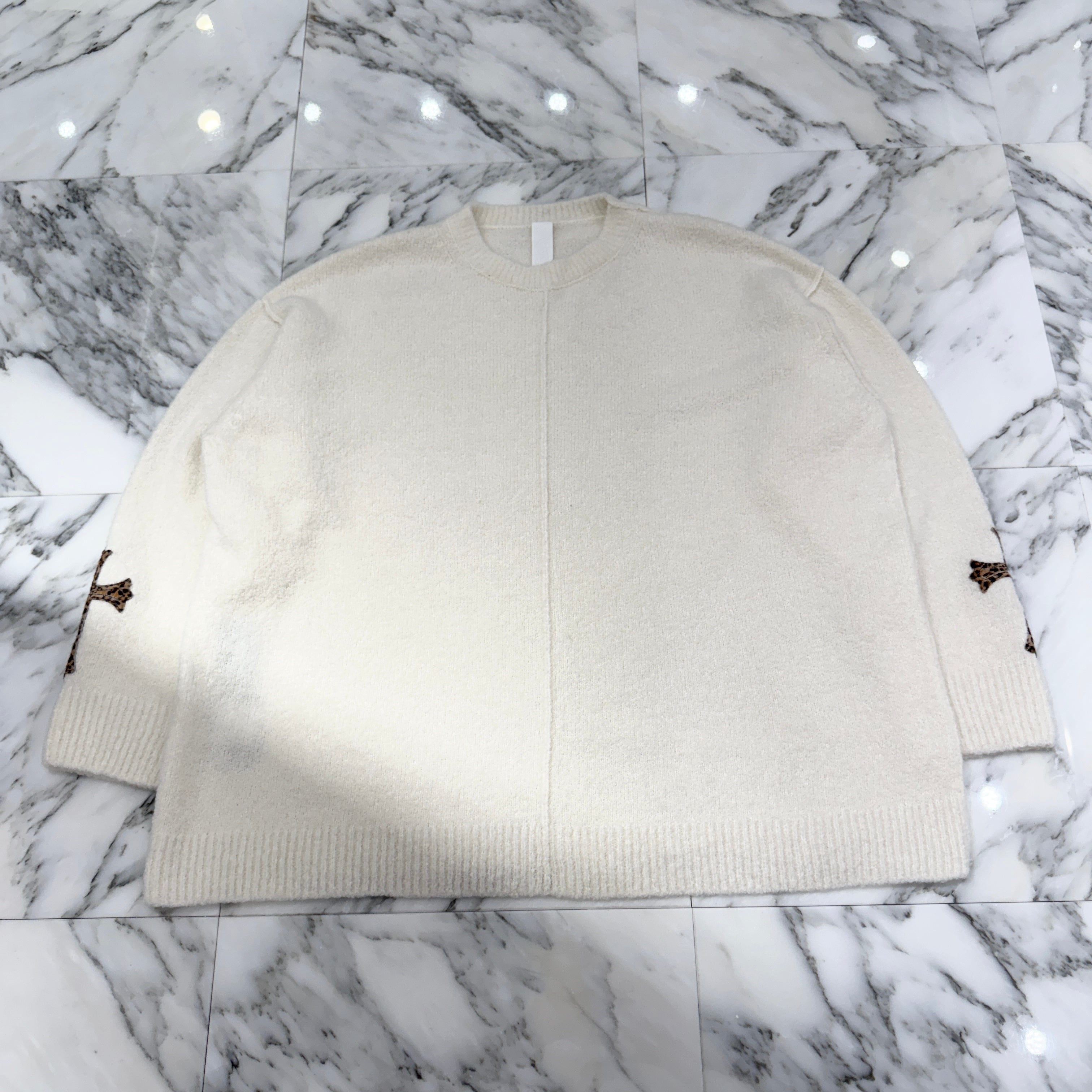 CHROME HEARTS YNOT Leopard Harako Leather Cross Patch Cashmere Knit Sweater Size L クロムハーツ ワイノット レオパード ハラコレザー クロスパッチ カシミヤ ニットセーター サイズL