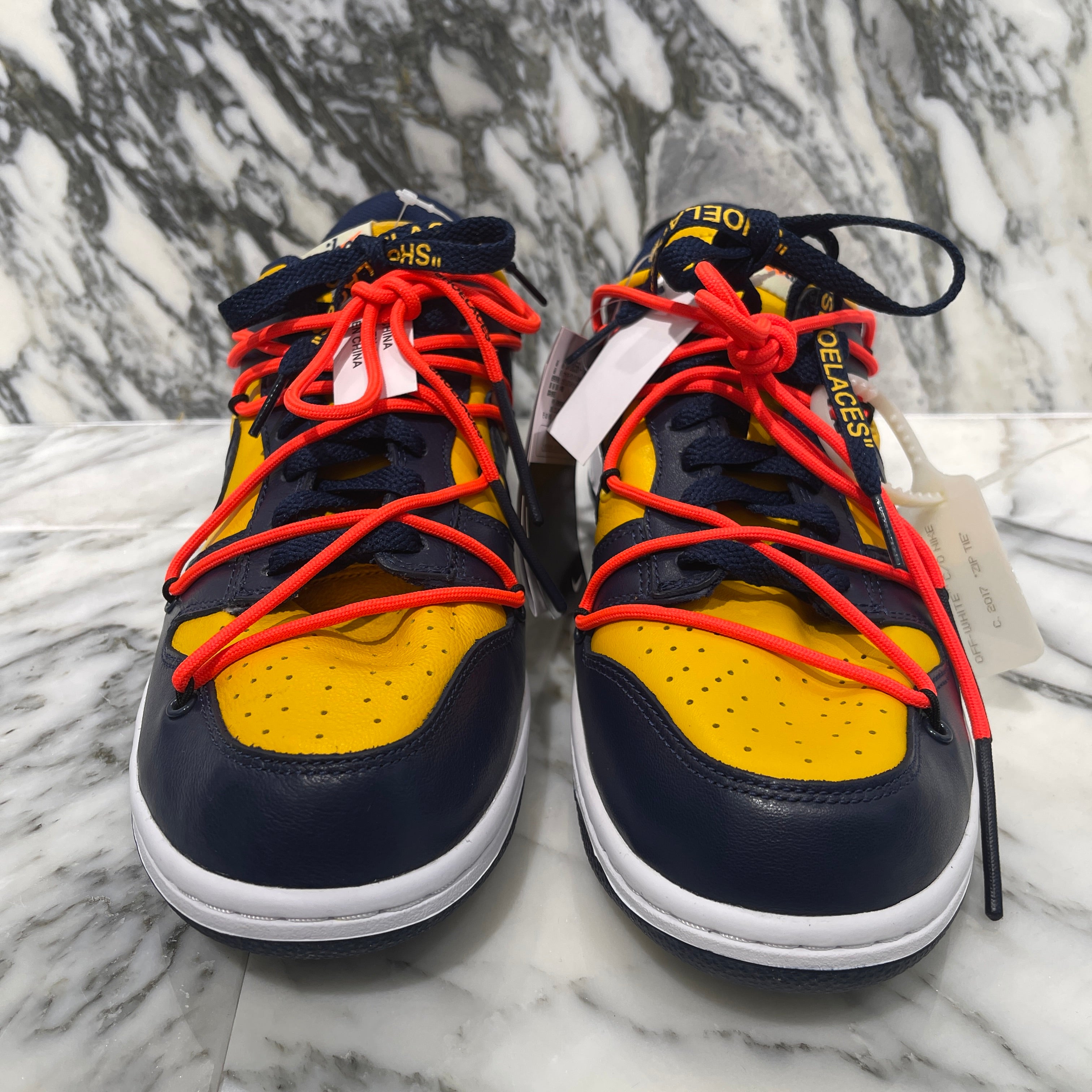 NIKE × OFF-WHITE 2019AW DUNK LOW LTHR "University Gold/Midnight Navy/White" CT0856-700 Size US10（28cm）ナイキ × オフホワイト ダンクロウ LTHR "ユニバーシティゴールド/ミッドナイトネイビー/ホワイト" サイズUS10（28cm）