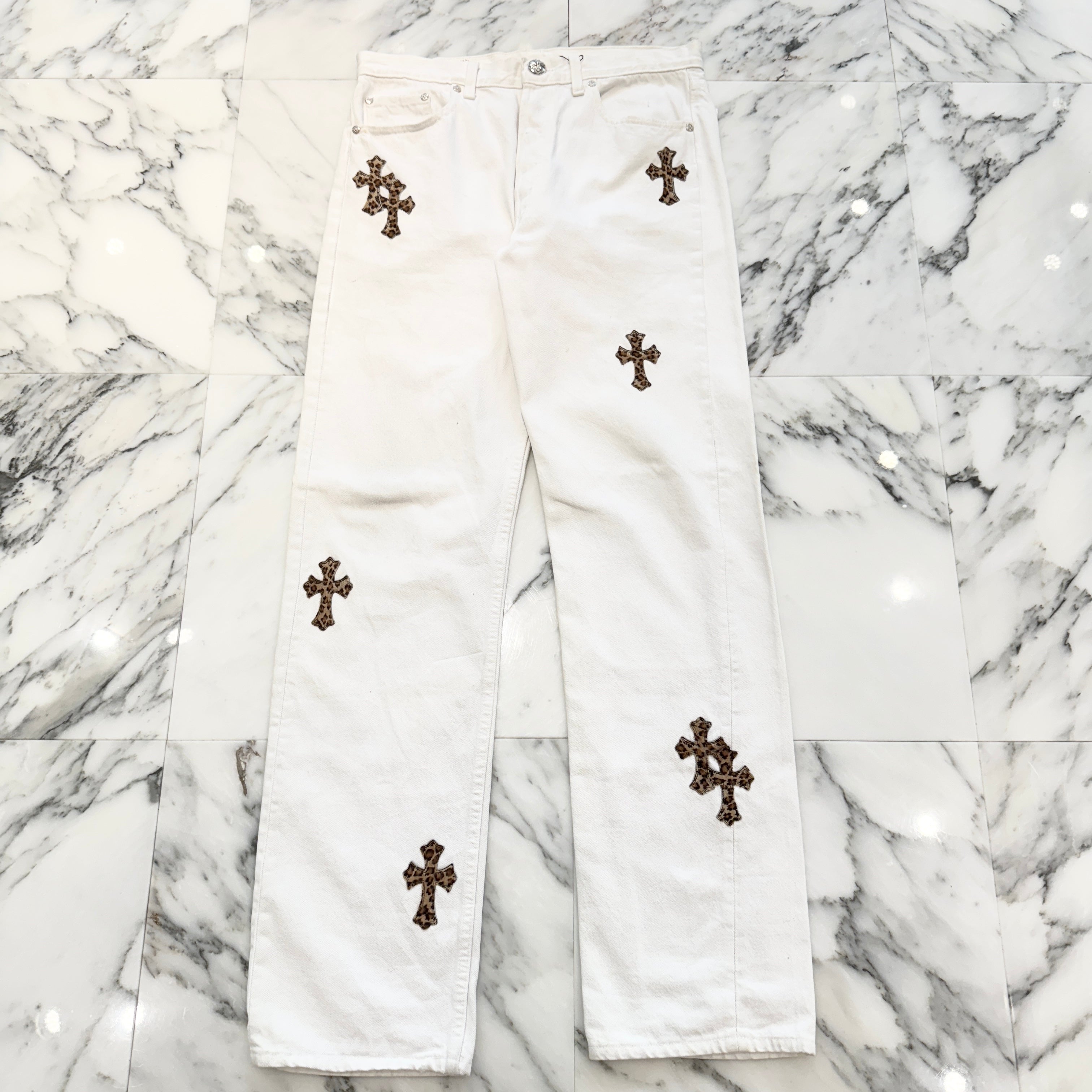 CHROME HEARTS × Levi's VNTG Leopard Harako Leather Cross Patch Denim Pants Size 32 クロムハーツ × リーバイス ヴィンテージ レオパード ハラコレザークロスパッチ デニムパンツ サイズ32