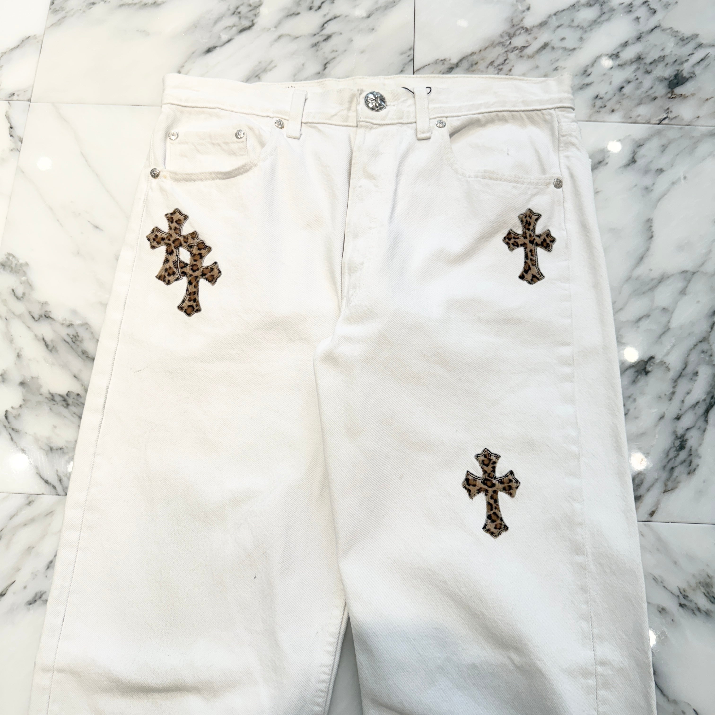 CHROME HEARTS × Levi's VNTG Leopard Harako Leather Cross Patch Denim Pants Size 32 クロムハーツ × リーバイス ヴィンテージ レオパード ハラコレザークロスパッチ デニムパンツ サイズ32