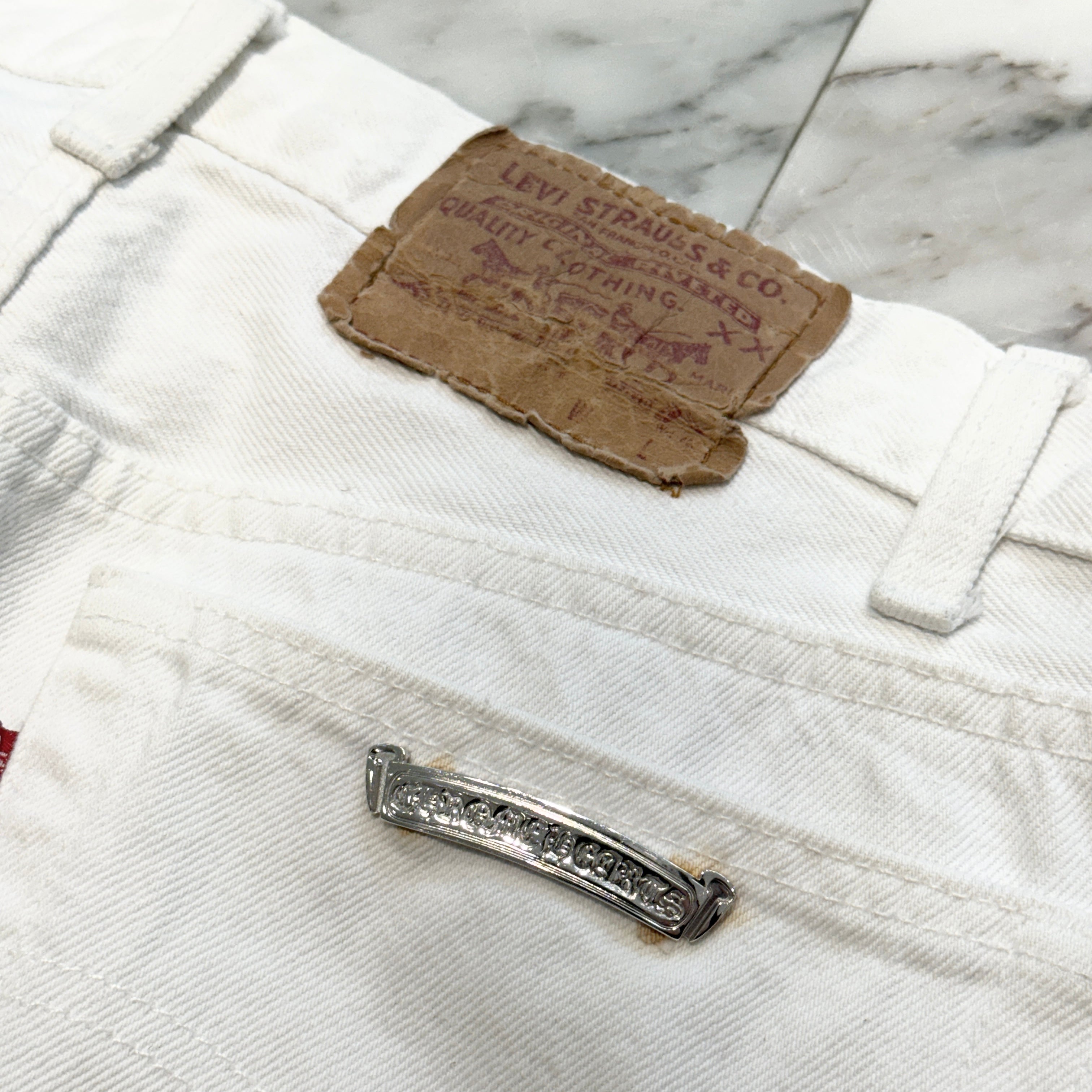 CHROME HEARTS × Levi's VNTG Leopard Harako Leather Cross Patch Denim Pants Size 32 クロムハーツ × リーバイス ヴィンテージ レオパード ハラコレザークロスパッチ デニムパンツ サイズ32