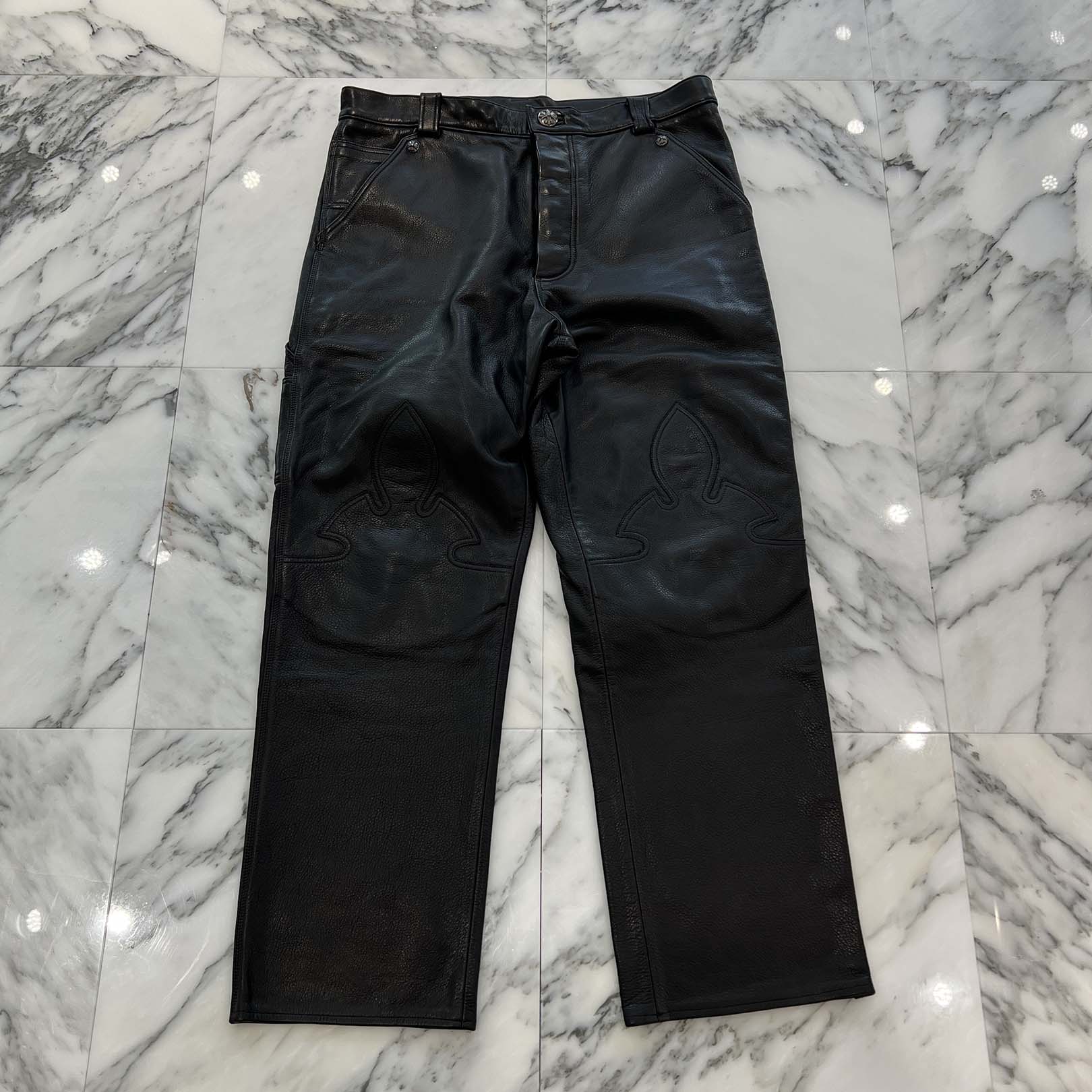 CHROME HEARTS Flare Knee Cross Ball Button Leather Pants Size 34 クロムハーツ フレアニー クロスボールボタン レザーパンツ サイズ34