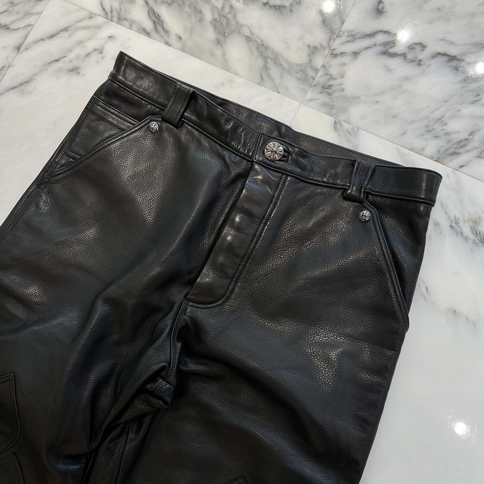 CHROME HEARTS Flare Knee Cross Ball Button Leather Pants Size 34 クロムハーツ フレアニー クロスボールボタン レザーパンツ サイズ34