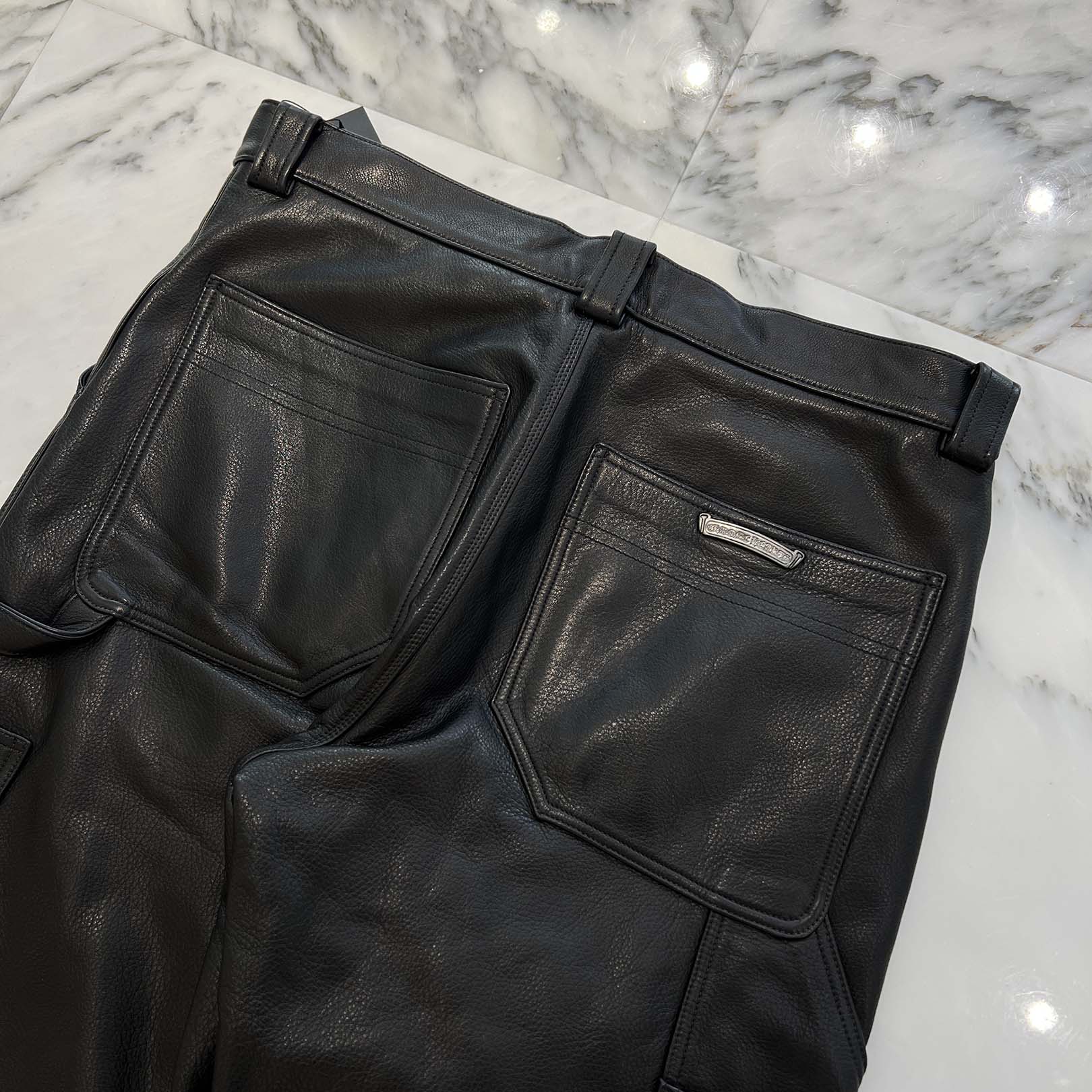 CHROME HEARTS Flare Knee Cross Ball Button Leather Pants Size 34 クロムハーツ フレアニー クロスボールボタン レザーパンツ サイズ34