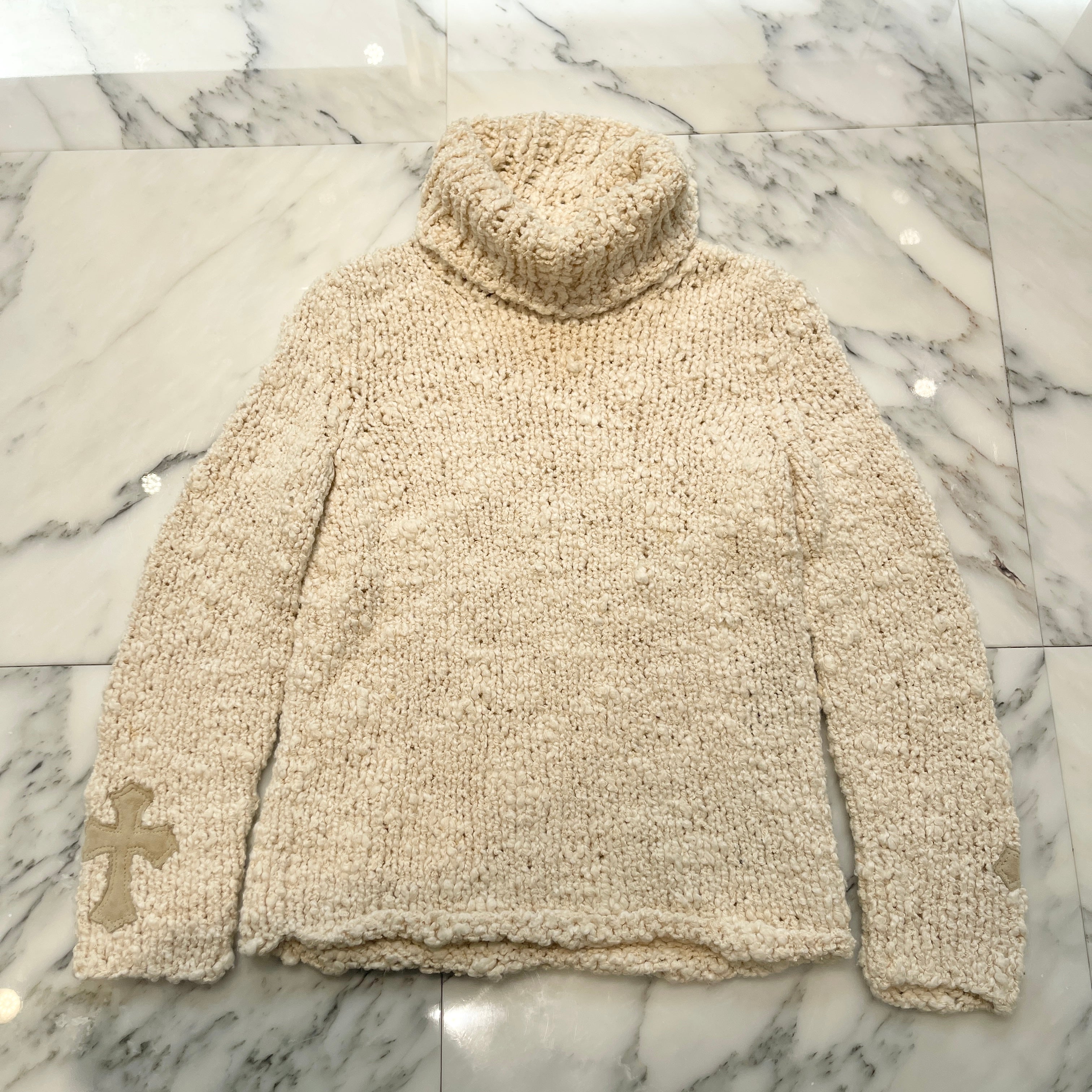 CHROME HEARTS Triple Cross Suede Patch Turtle Neck Cotton Knit Sweater Size S/M クロムハーツ トリプルクロス スエードパッチ タートルネック コットン ニットセーター サイズ S/M