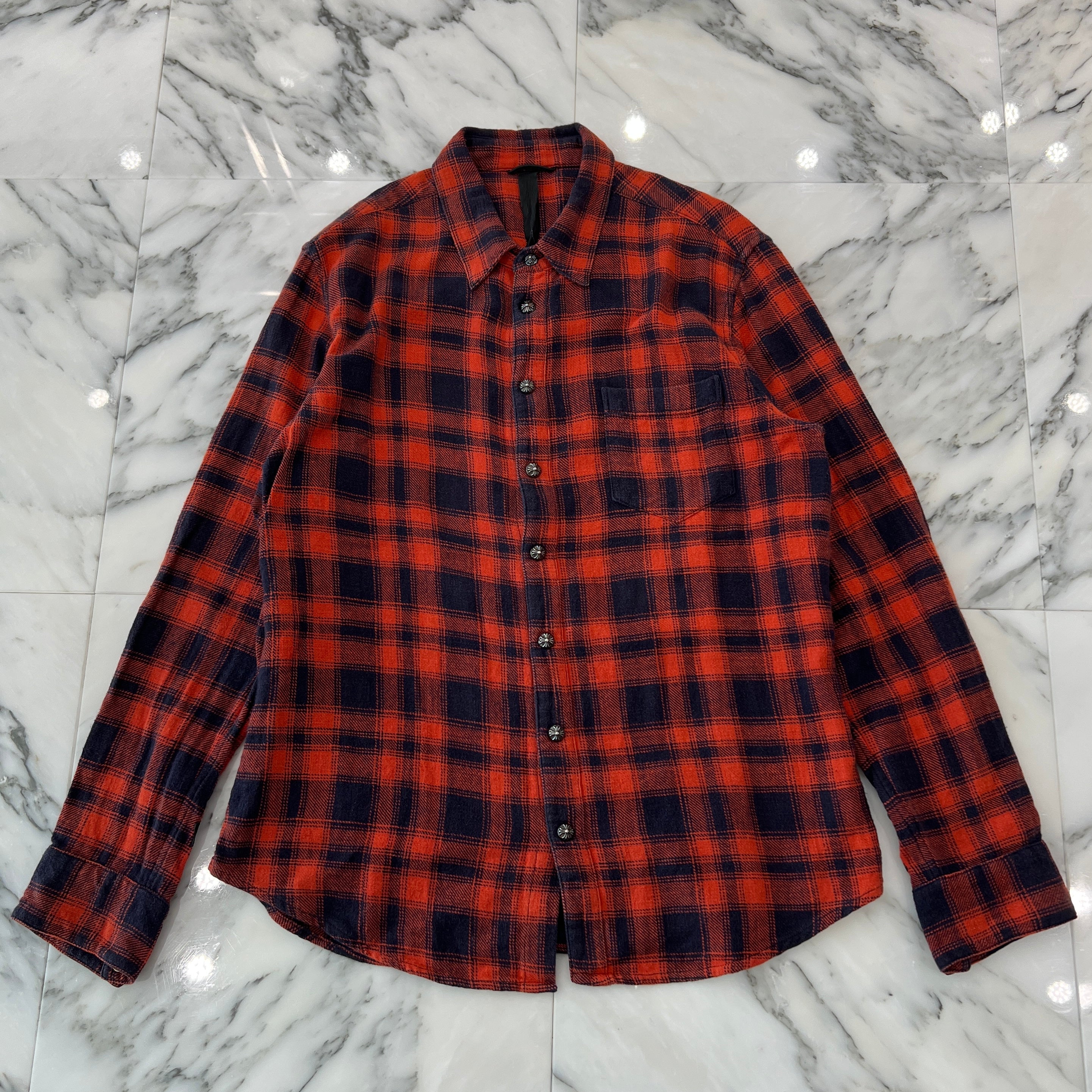 CHROME HEARTS Loose Ends Cross Leather Patch Check Shirt Size L クロムハーツ ルーズエンド レザークロスパッチ チェックシャツ サイズL