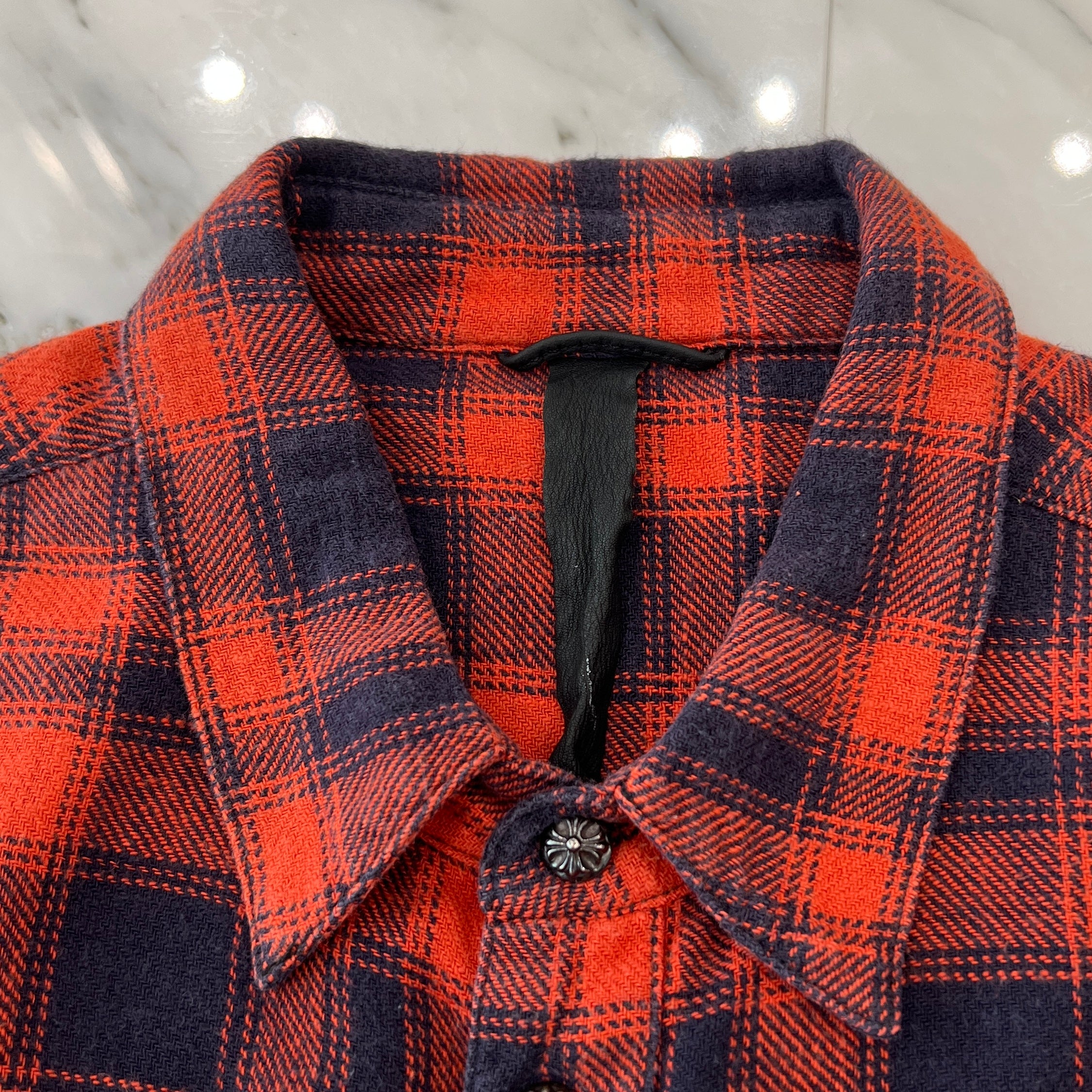 CHROME HEARTS Loose Ends Cross Leather Patch Check Shirt Size L クロムハーツ ルーズエンド レザークロスパッチ チェックシャツ サイズL