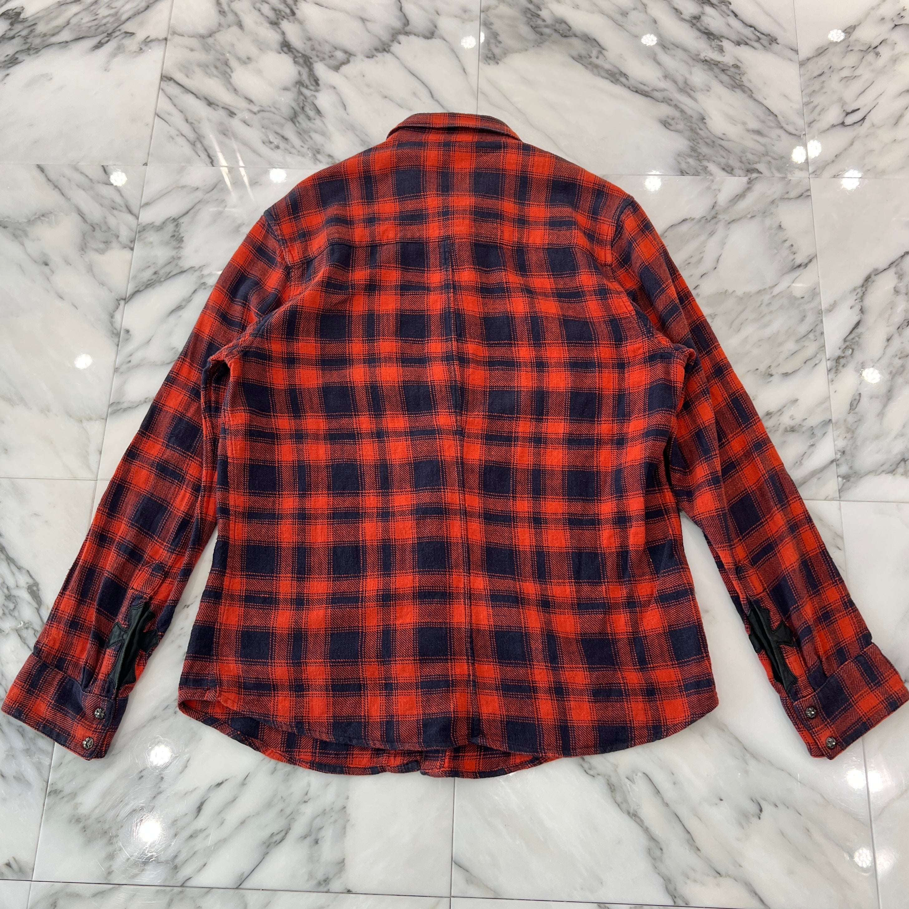 CHROME HEARTS Loose Ends Cross Leather Patch Check Shirt Size L クロムハーツ ルーズエンド レザークロスパッチ チェックシャツ サイズL