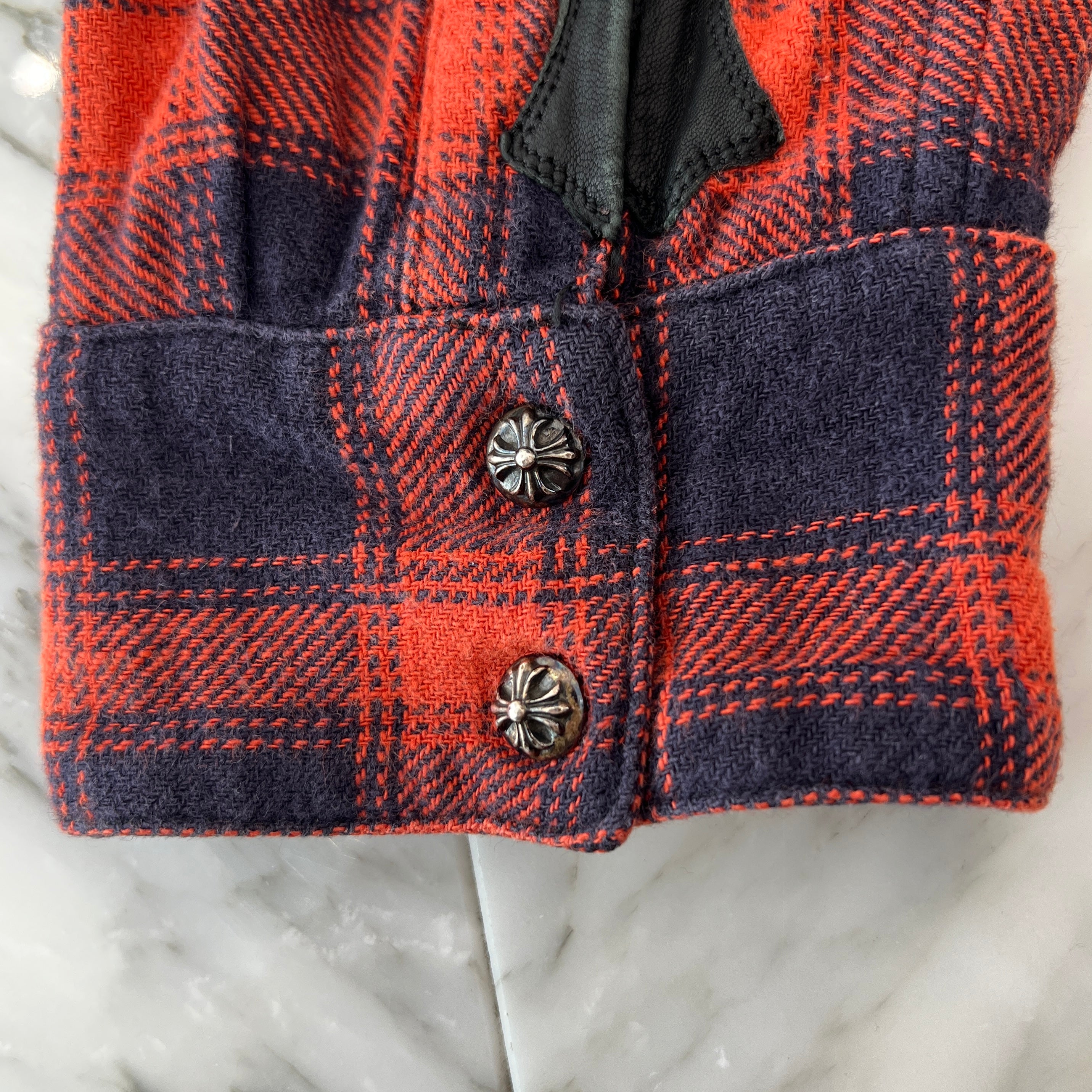 CHROME HEARTS Loose Ends Cross Leather Patch Check Shirt Size L クロムハーツ ルーズエンド レザークロスパッチ チェックシャツ サイズL