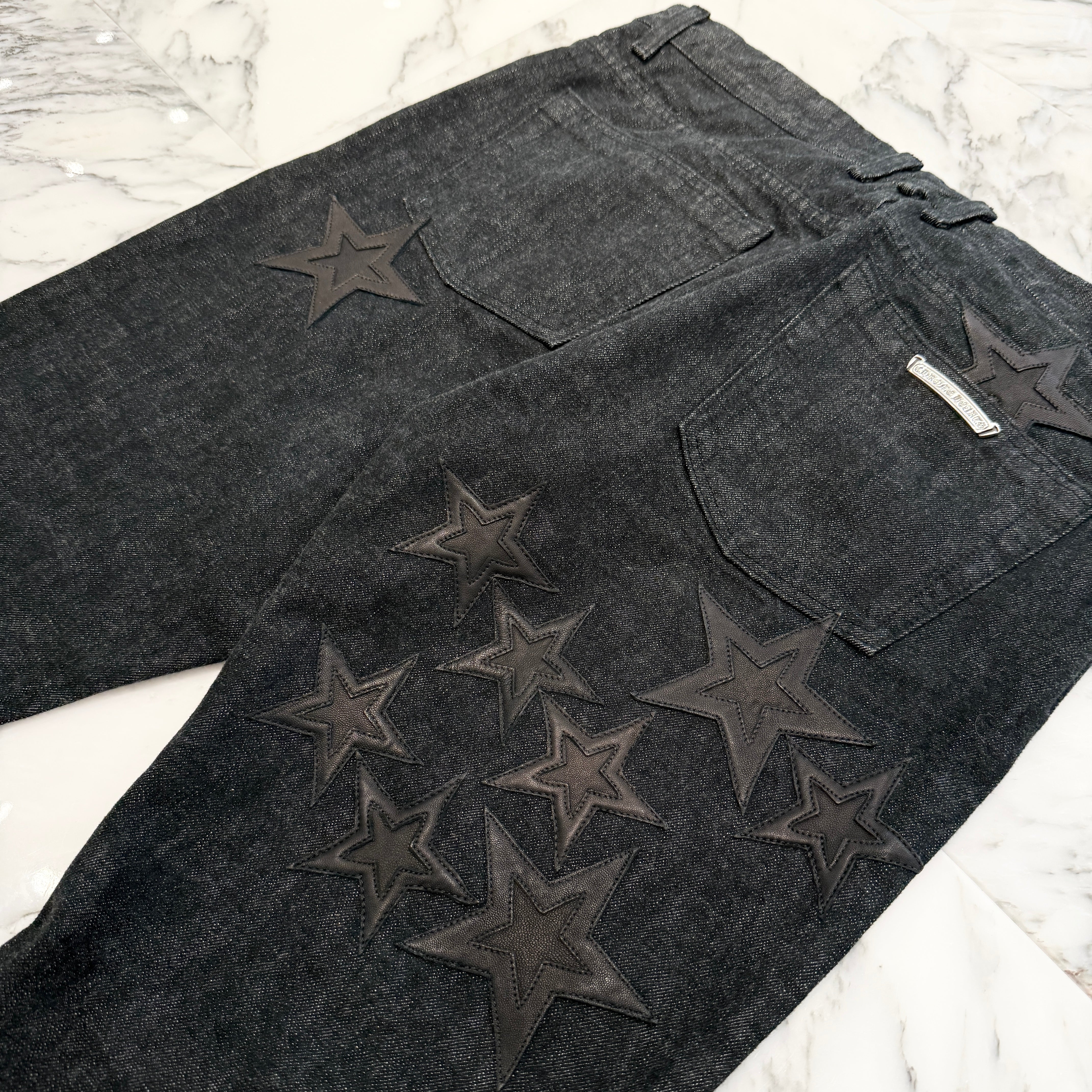 CHROME HEARTS Flare Knee Star Leather Patch Denim Pants Size 34 クロムハーツ フレアニースターパッチデニムパンツ サイズ34