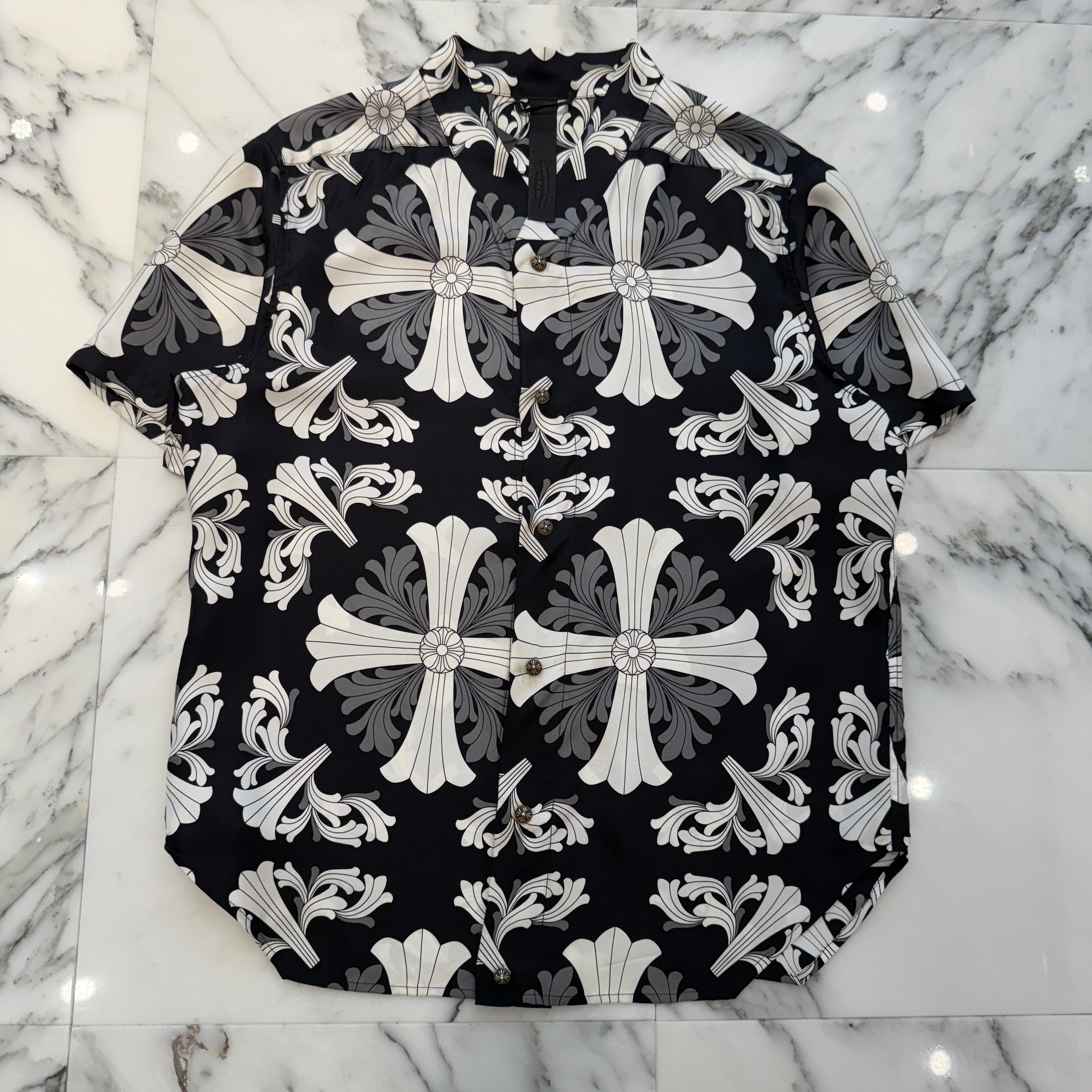 CHROME HEARTS Y NOT Floral Plus Cross Short Sleeve Silk Shirt Size L クロムハーツ ワイノット フロラールプラスクロス ショートスリーブ シルクシャツ サイズL