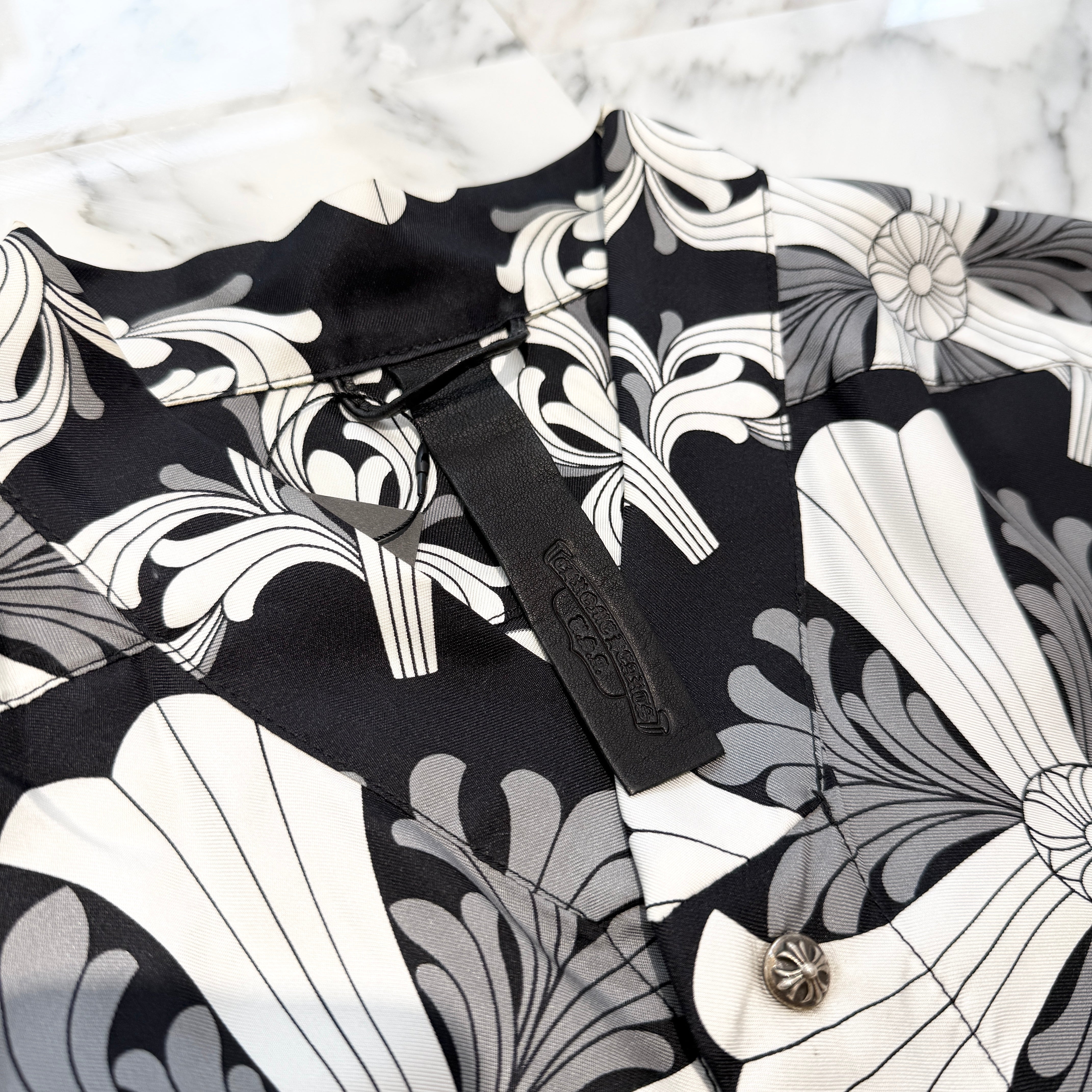 CHROME HEARTS Y NOT Floral Plus Cross Short Sleeve Silk Shirt Size L クロムハーツ ワイノット フロラールプラスクロス ショートスリーブ シルクシャツ サイズL