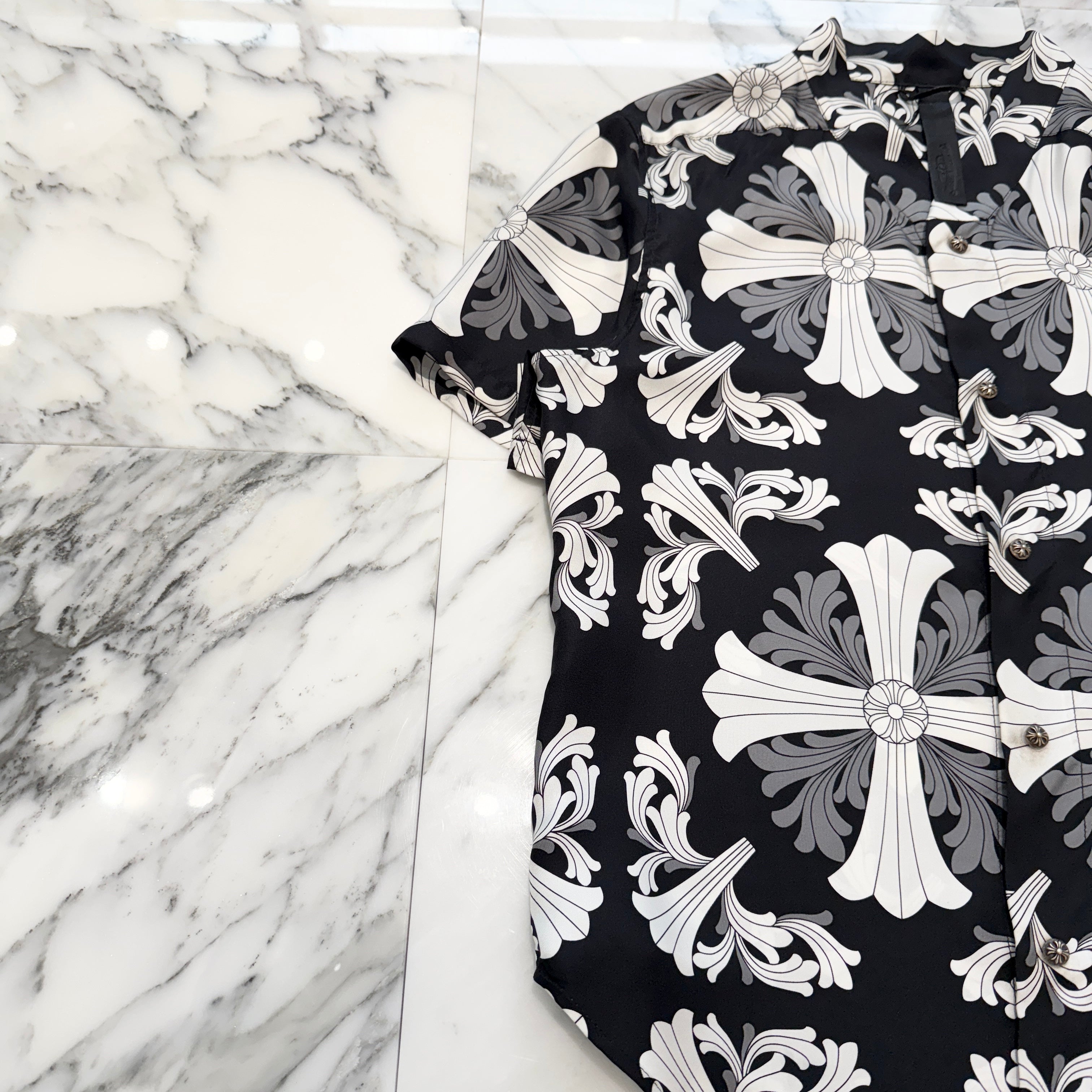 CHROME HEARTS Y NOT Floral Plus Cross Short Sleeve Silk Shirt Size L クロムハーツ ワイノット フロラールプラスクロス ショートスリーブ シルクシャツ サイズL