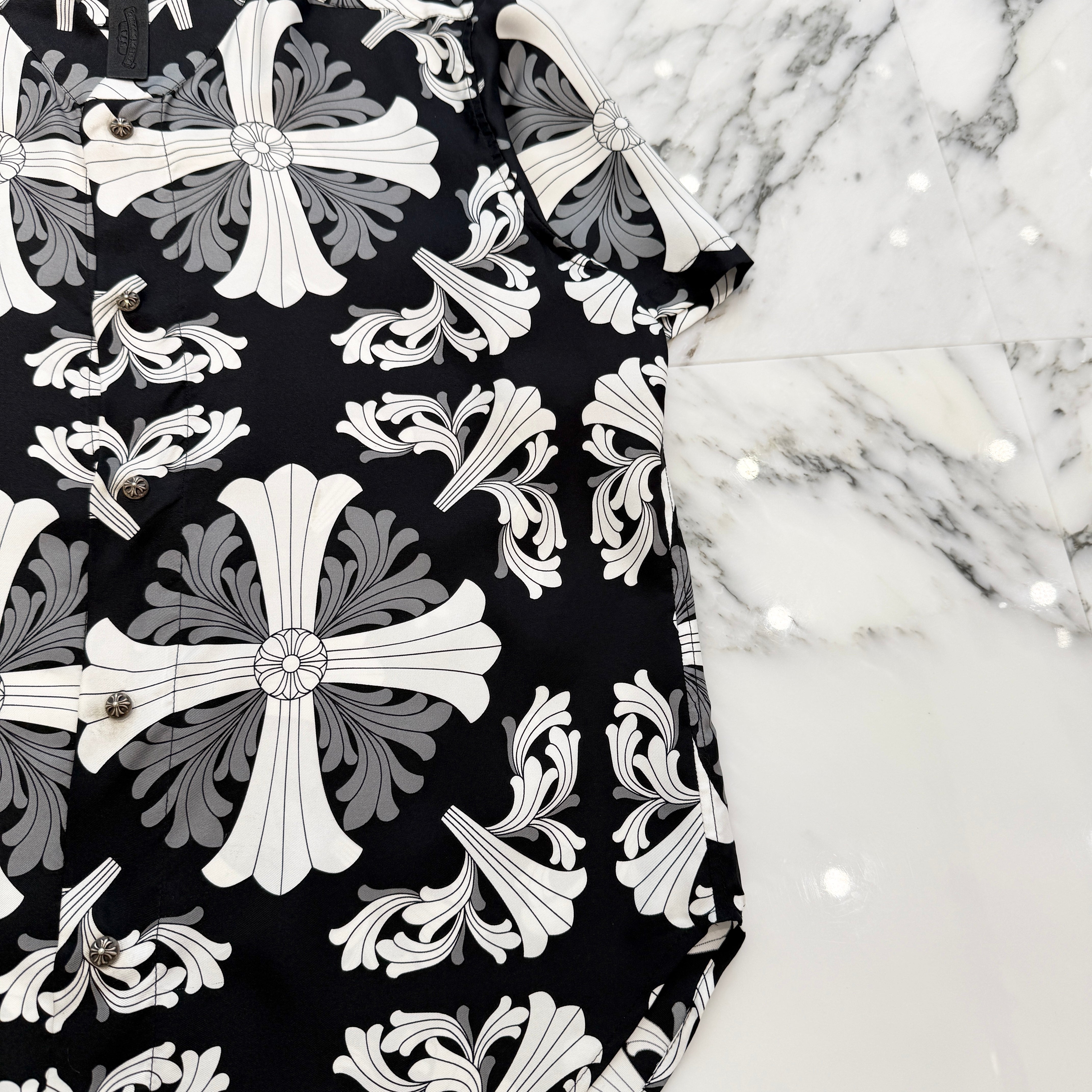 CHROME HEARTS Y NOT Floral Plus Cross Short Sleeve Silk Shirt Size L クロムハーツ ワイノット フロラールプラスクロス ショートスリーブ シルクシャツ サイズL