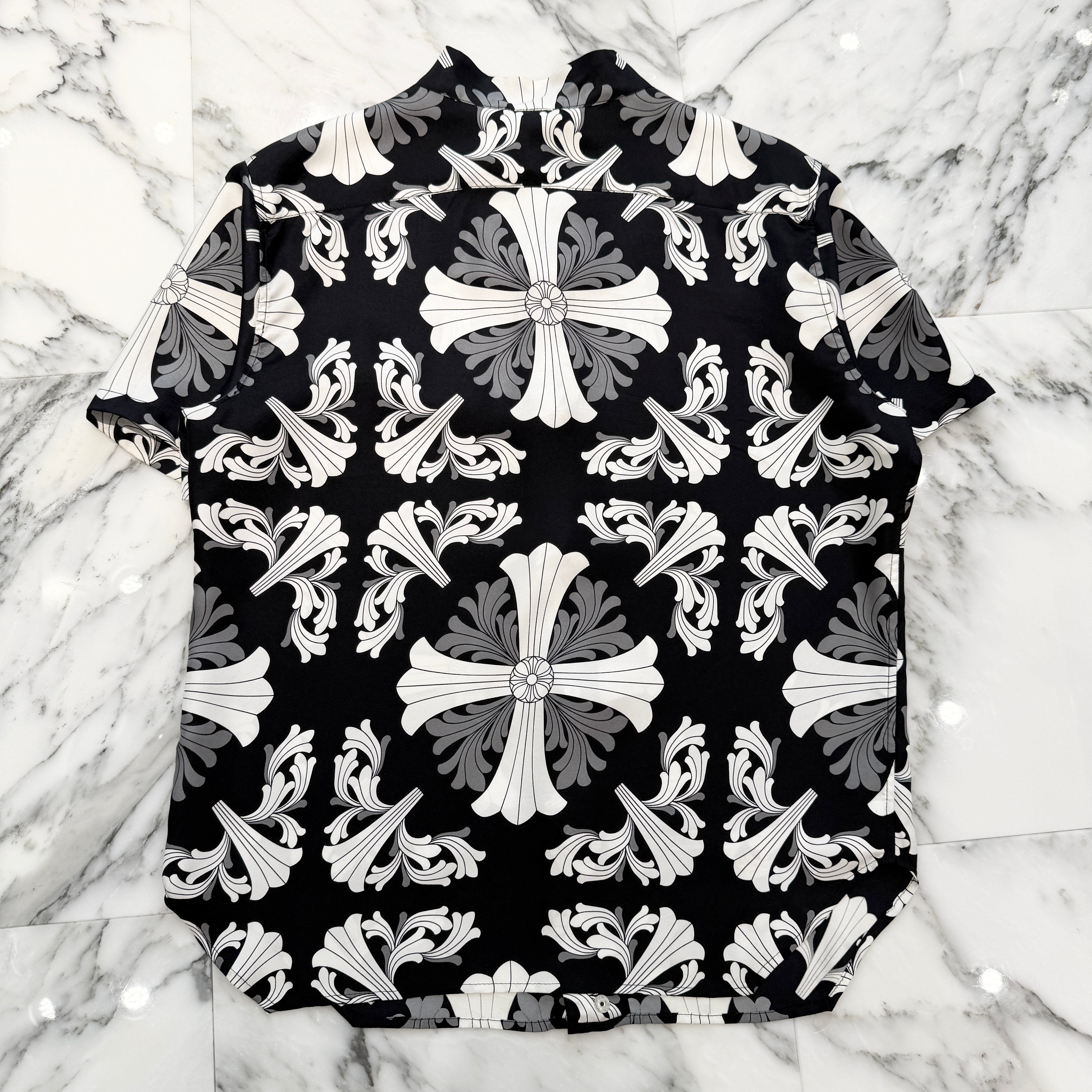 CHROME HEARTS Y NOT Floral Plus Cross Short Sleeve Silk Shirt Size L クロムハーツ ワイノット フロラールプラスクロス ショートスリーブ シルクシャツ サイズL