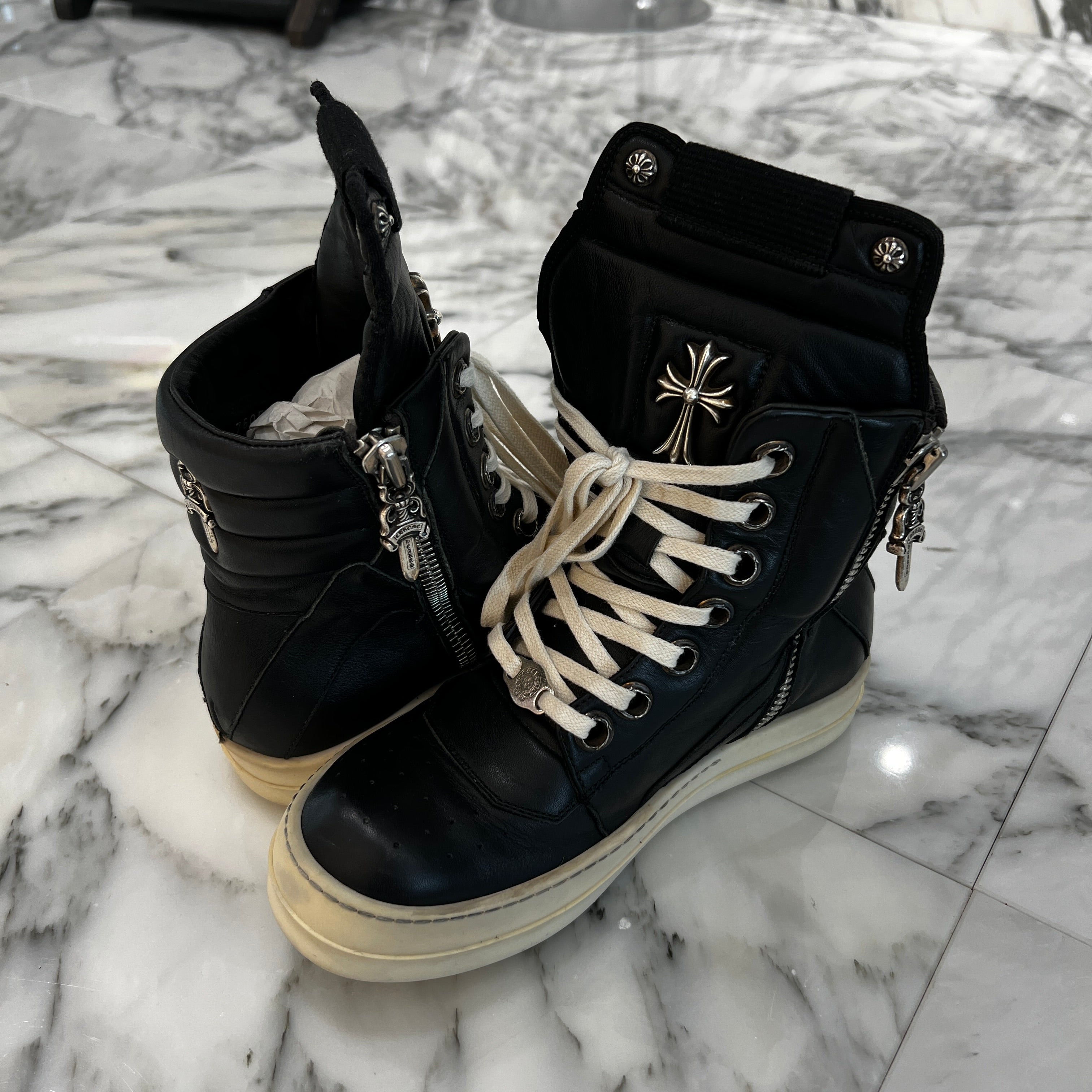 RICK OWENS GEOBASKET レザースニーカー CHROME HEARTS × Rick Owens Geobasket Leather Sneakers Size