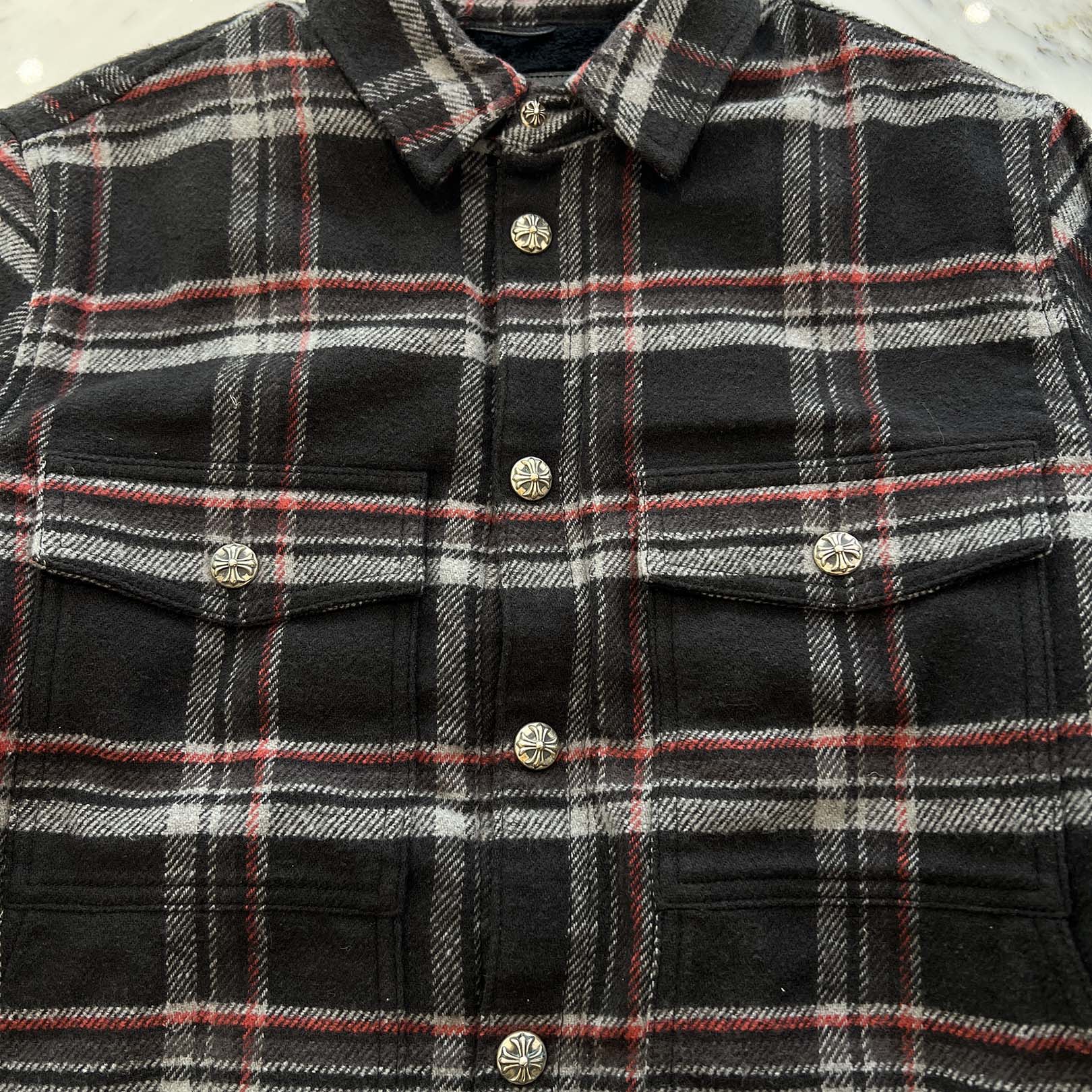 CHROME HEARTS Y NOT WORK DOG Lucky Leather Patch Fleece Boa Check Shirt Jacket Size M クロムハーツ ワイノット ワークドッグ ラッキーレザーパッチ フリース 裏地ボア チェックシャツ ジャケット サイズM