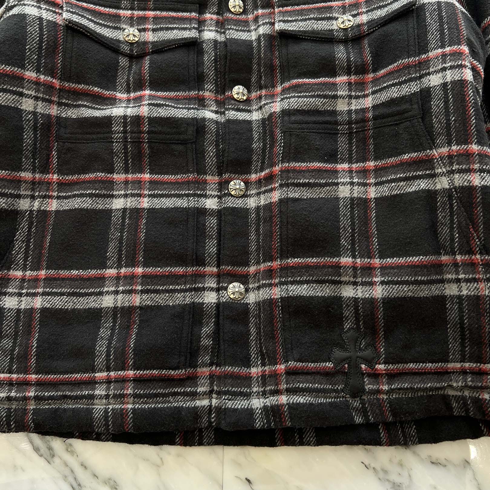 CHROME HEARTS Y NOT WORK DOG Lucky Leather Patch Fleece Boa Check Shirt Jacket Size M クロムハーツ ワイノット ワークドッグ ラッキーレザーパッチ フリース 裏地ボア チェックシャツ ジャケット サイズM