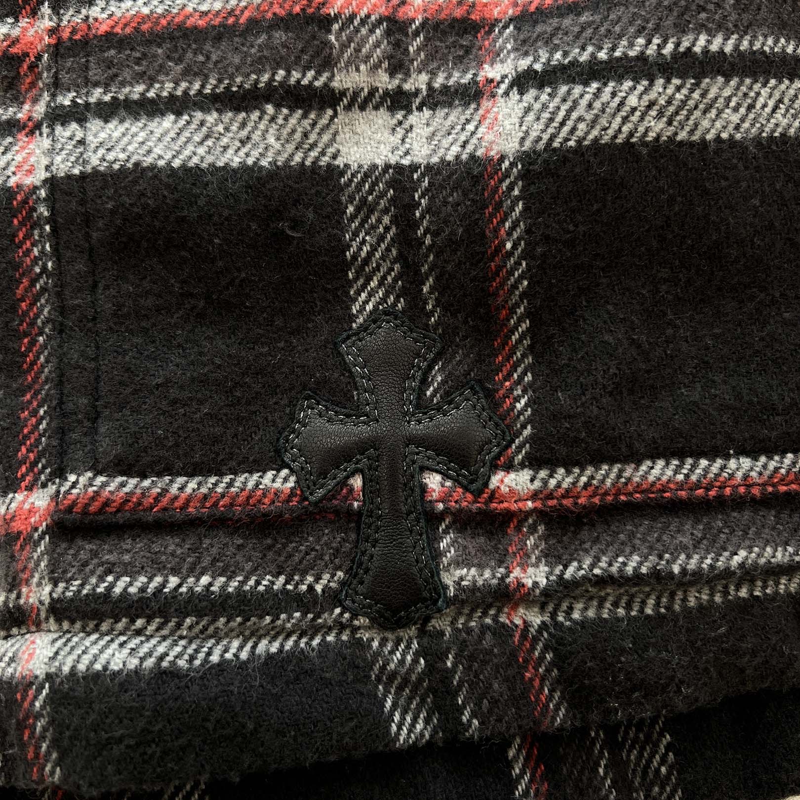 CHROME HEARTS Y NOT WORK DOG Lucky Leather Patch Fleece Boa Check Shirt Jacket Size M クロムハーツ ワイノット ワークドッグ ラッキーレザーパッチ フリース 裏地ボア チェックシャツ ジャケット サイズM