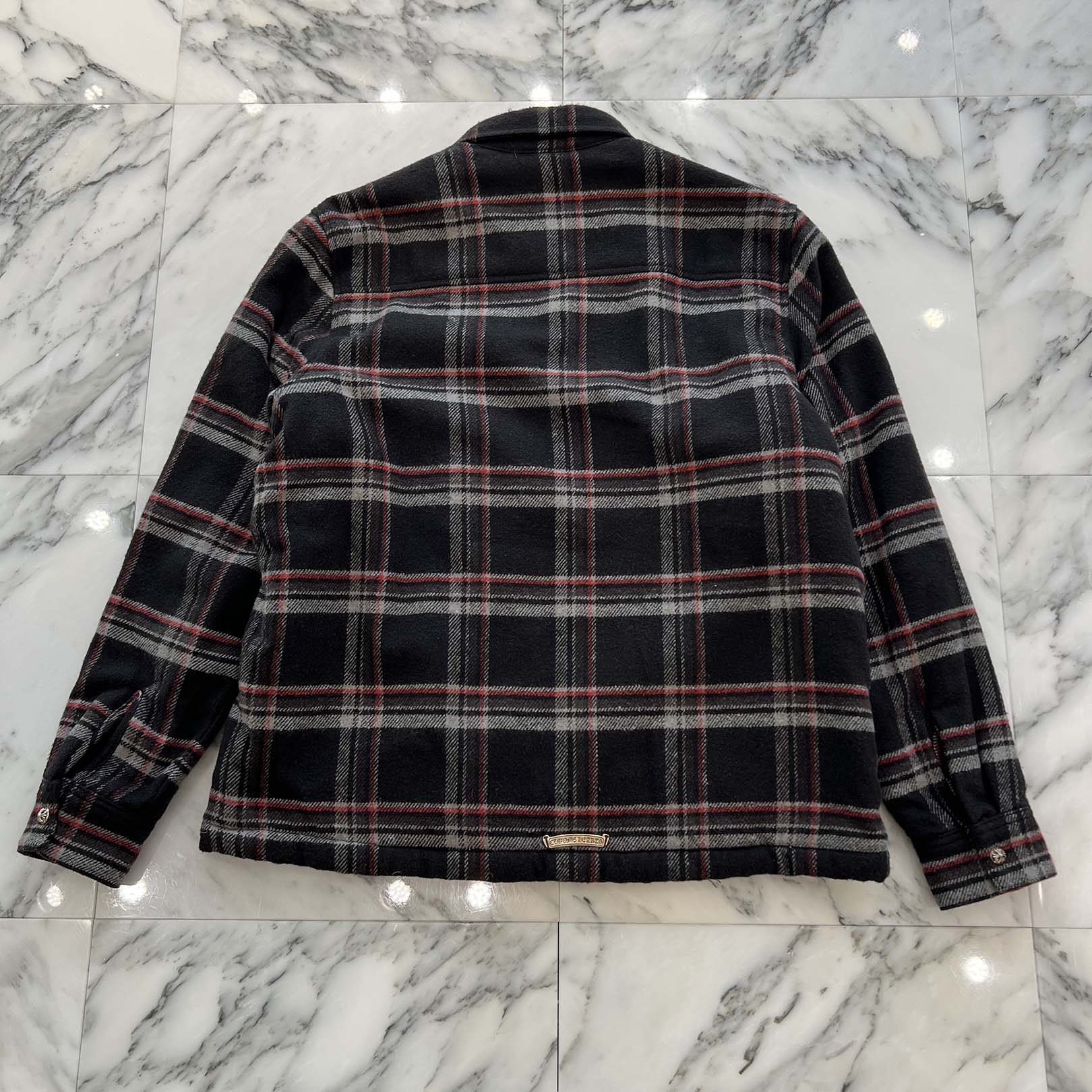 CHROME HEARTS Y NOT WORK DOG Lucky Leather Patch Fleece Boa Check Shirt Jacket Size M クロムハーツ ワイノット ワークドッグ ラッキーレザーパッチ フリース 裏地ボア チェックシャツ ジャケット サイズM