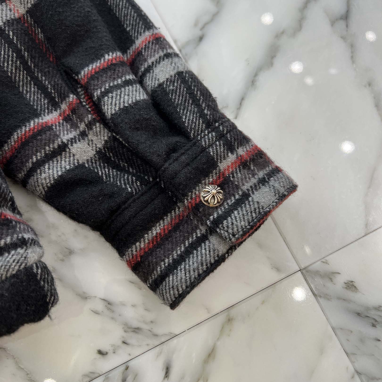 CHROME HEARTS Y NOT WORK DOG Lucky Leather Patch Fleece Boa Check Shirt Jacket Size M クロムハーツ ワイノット ワークドッグ ラッキーレザーパッチ フリース 裏地ボア チェックシャツ ジャケット サイズM