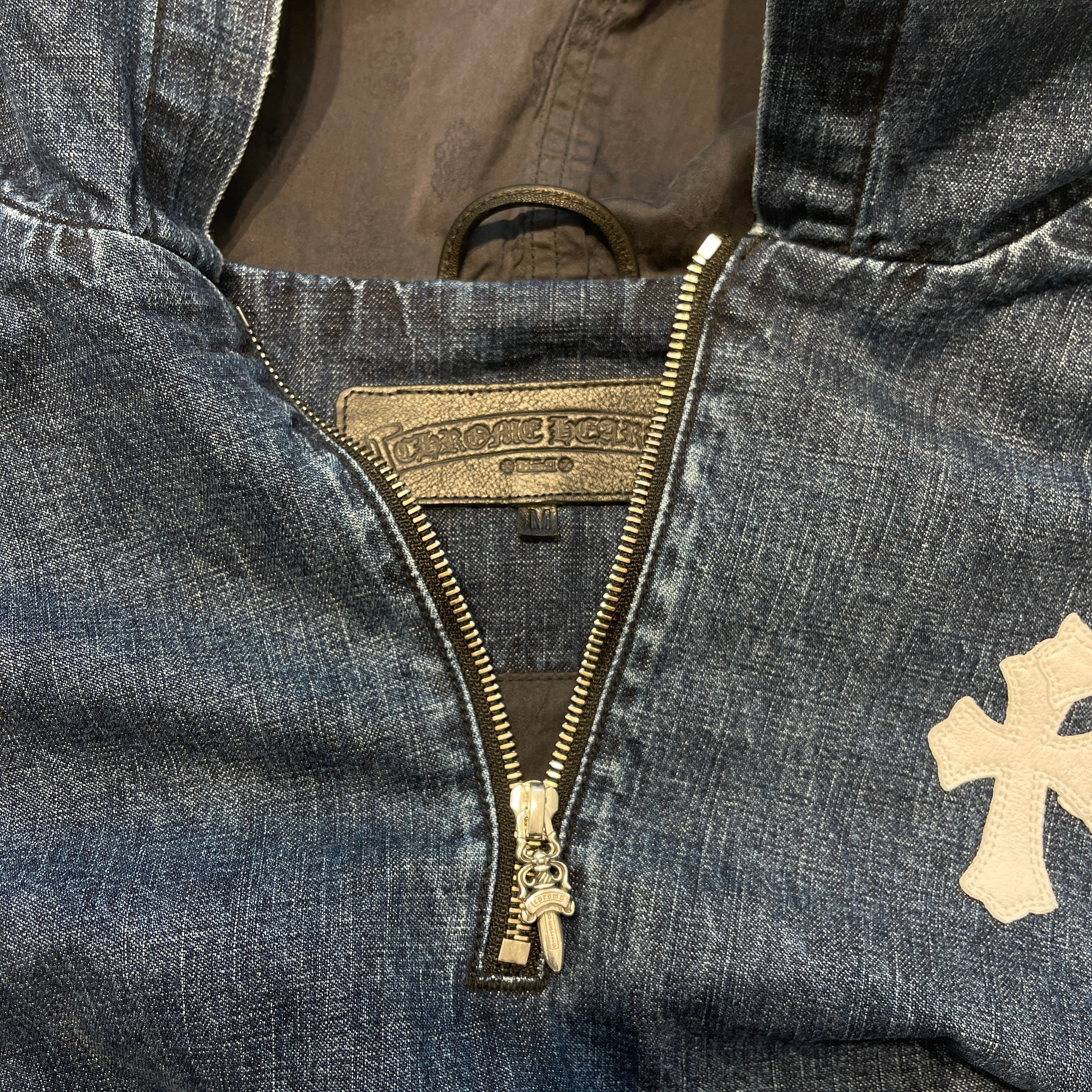 CHROME HEARTS 2024AW Leather Cemetery Triple Cross Denim Anorak Jacket Size M クロムハーツ レザーセメタリートリプルクロス デニムアノラック ジャケット サイズM